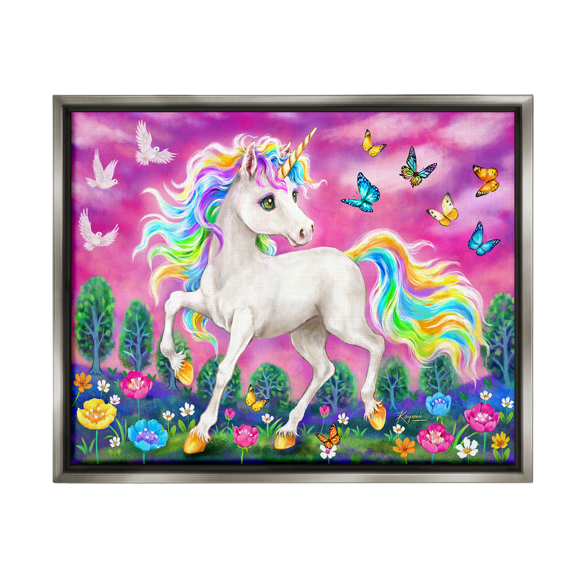Stupell Industries Unicorn in Meadow Fairy Tales & Fantasy Painting Gray Floater Framed Canvas Art Print Wall Art, 21 x 17