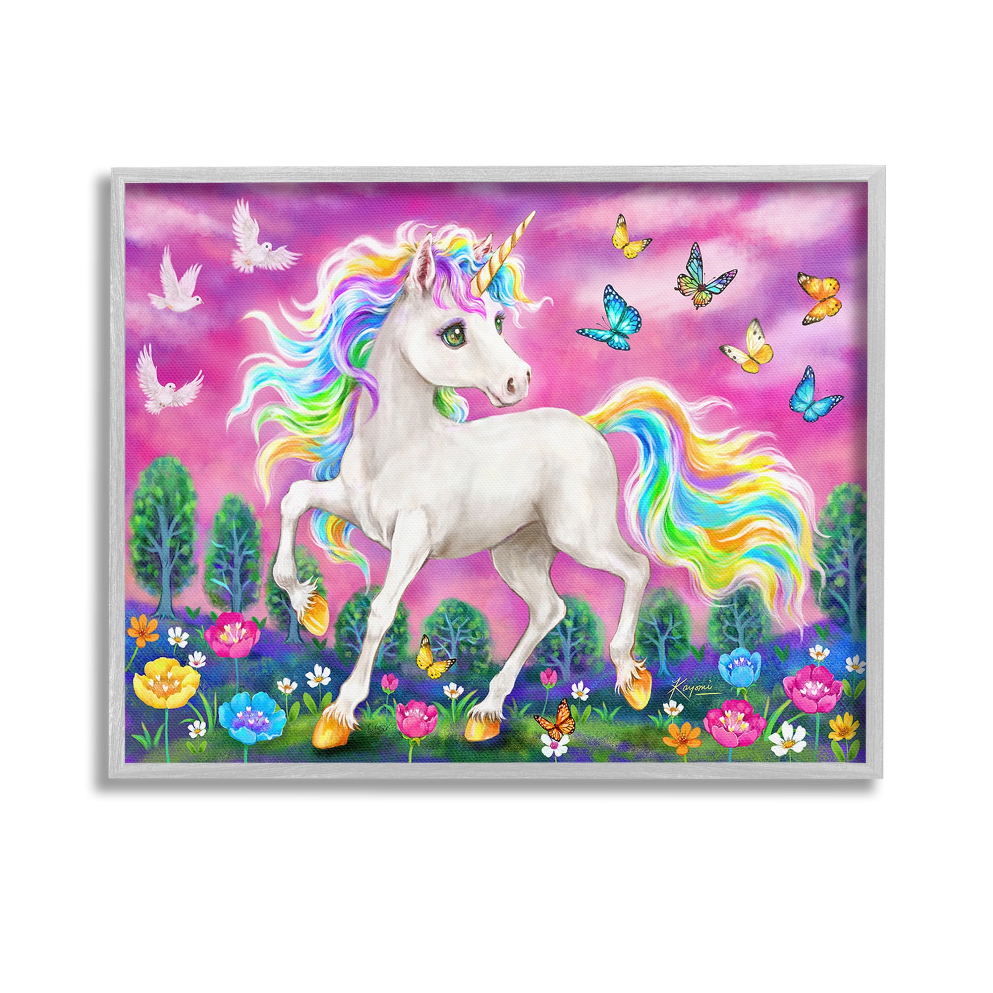 Stupell Industries Unicorn in Meadow Fairy Tales & Fantasy Painting Gray Framed Art Print Wall Art, 14 x 11