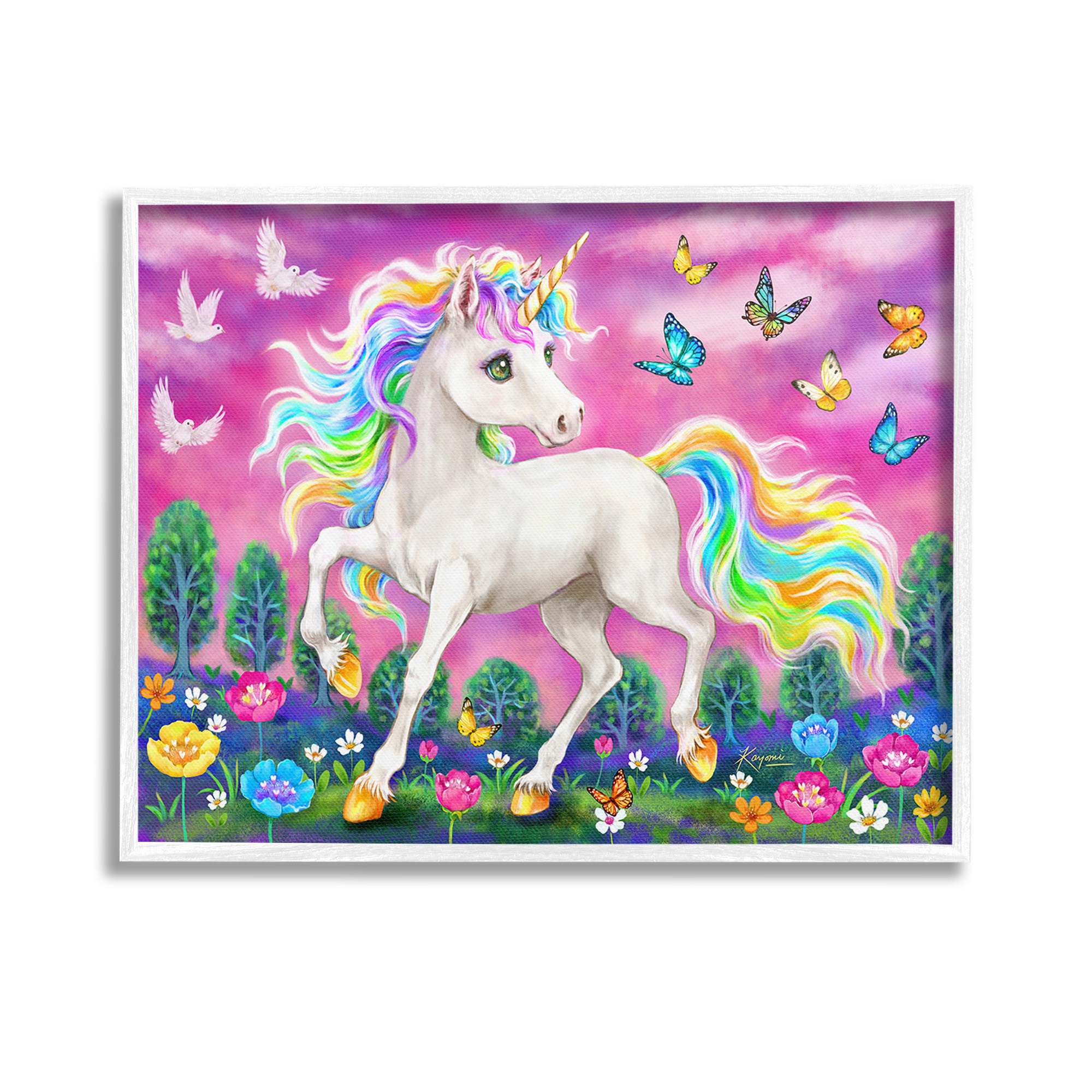 Stupell Industries Unicorn in Meadow Fairy Tales & Fantasy Painting White Framed Art Print Wall Art, 14 x 11