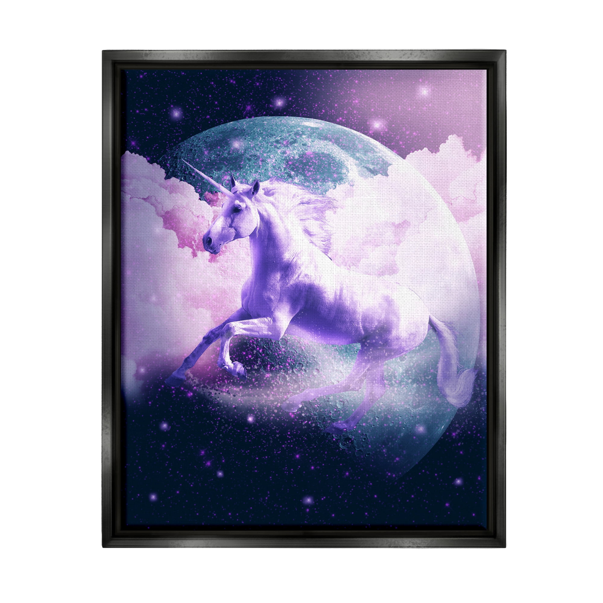 Stupell Industries Unicorn in Outer Space Fairy Tales & Fantasy Painting Black Floater Framed Canvas Art Print Wall Art, 25 x 31