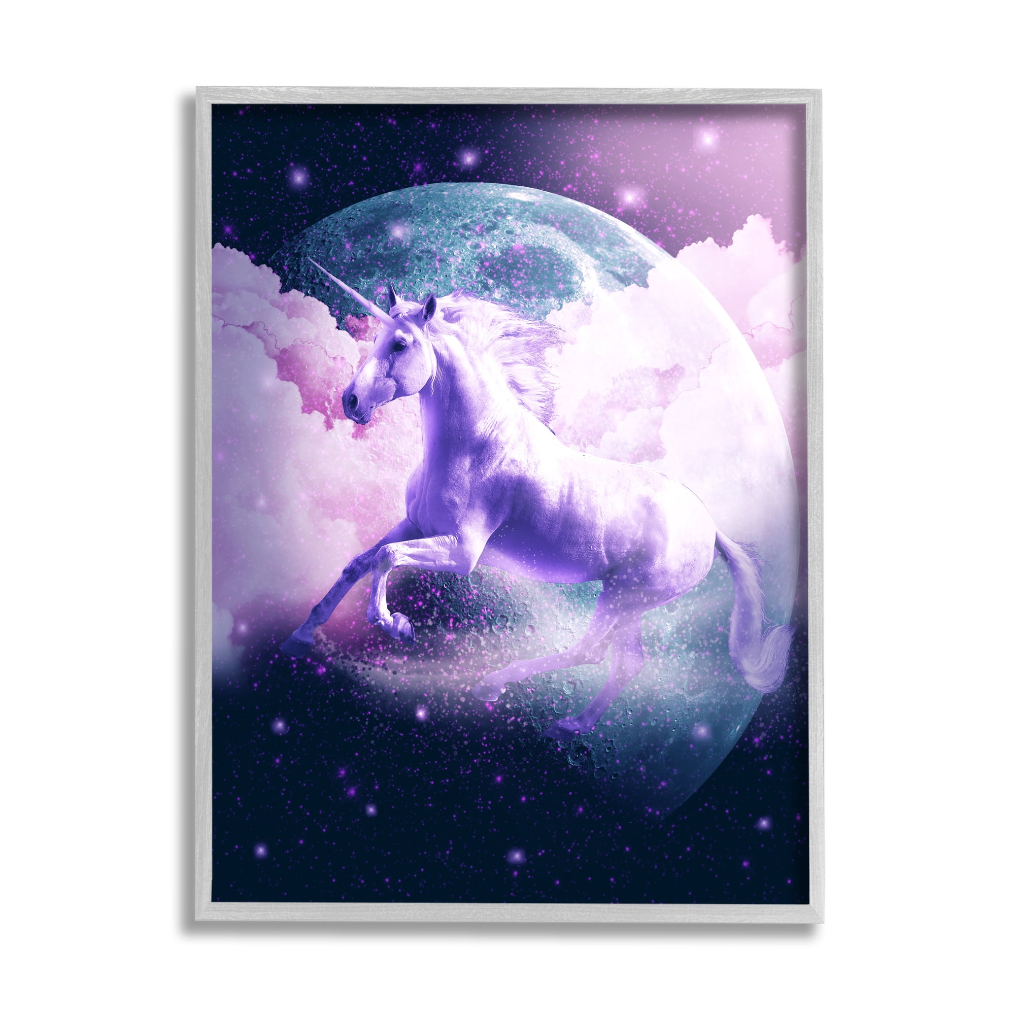 Stupell Industries Unicorn in Outer Space Fairy Tales & Fantasy Painting Gray Framed Art Print Wall Art, 16 x 20