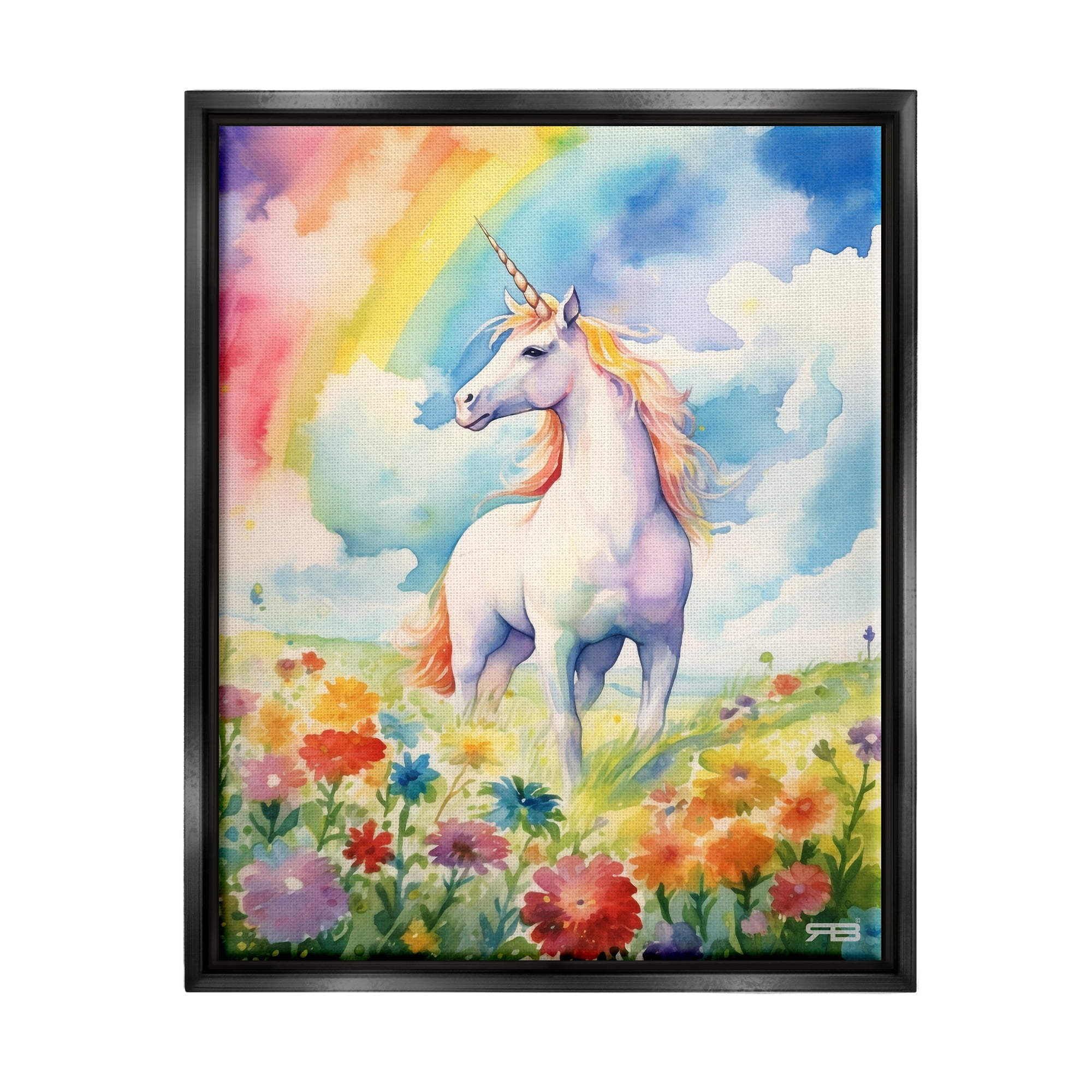 Stupell Industries Unicorn in Rainbow Meadow Fairy Tales & Fantasy Painting Black Floater Framed Canvas Art Print Wall Art, 17 x 21
