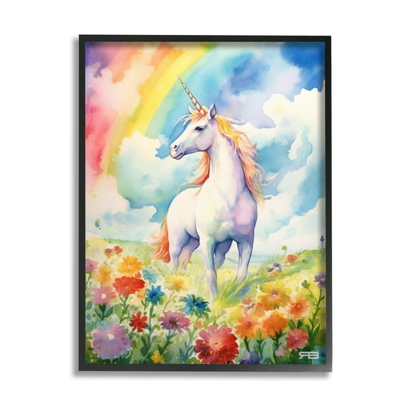 Stupell Industries Unicorn in Rainbow Meadow Fairy Tales & Fantasy Painting Black Framed Art Print Wall Art, 16 x 20