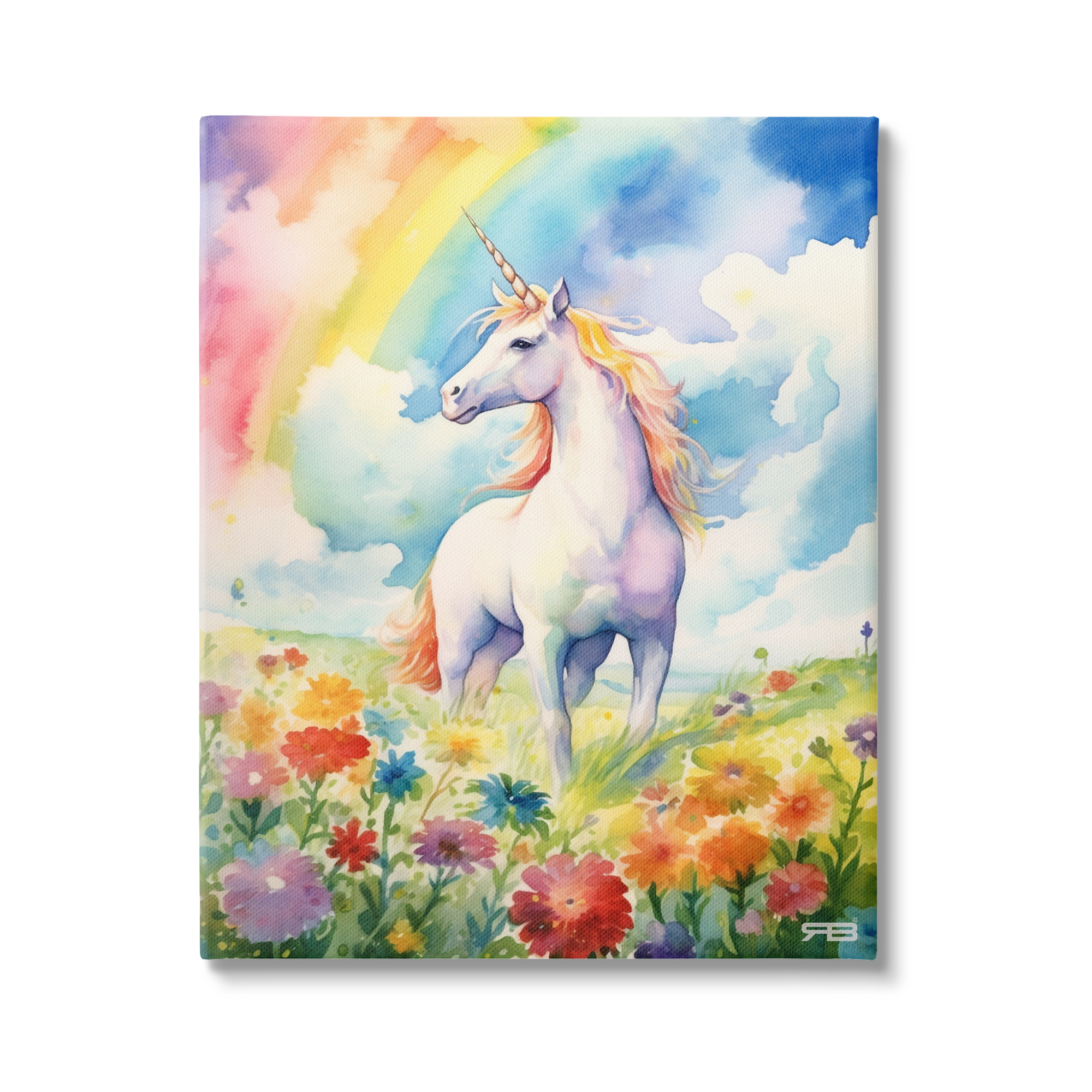 Stupell Industries Unicorn in Rainbow Meadow Fairy Tales & Fantasy Painting Gallery Wrapped Canvas Art Print Wall Art, 24 x 30