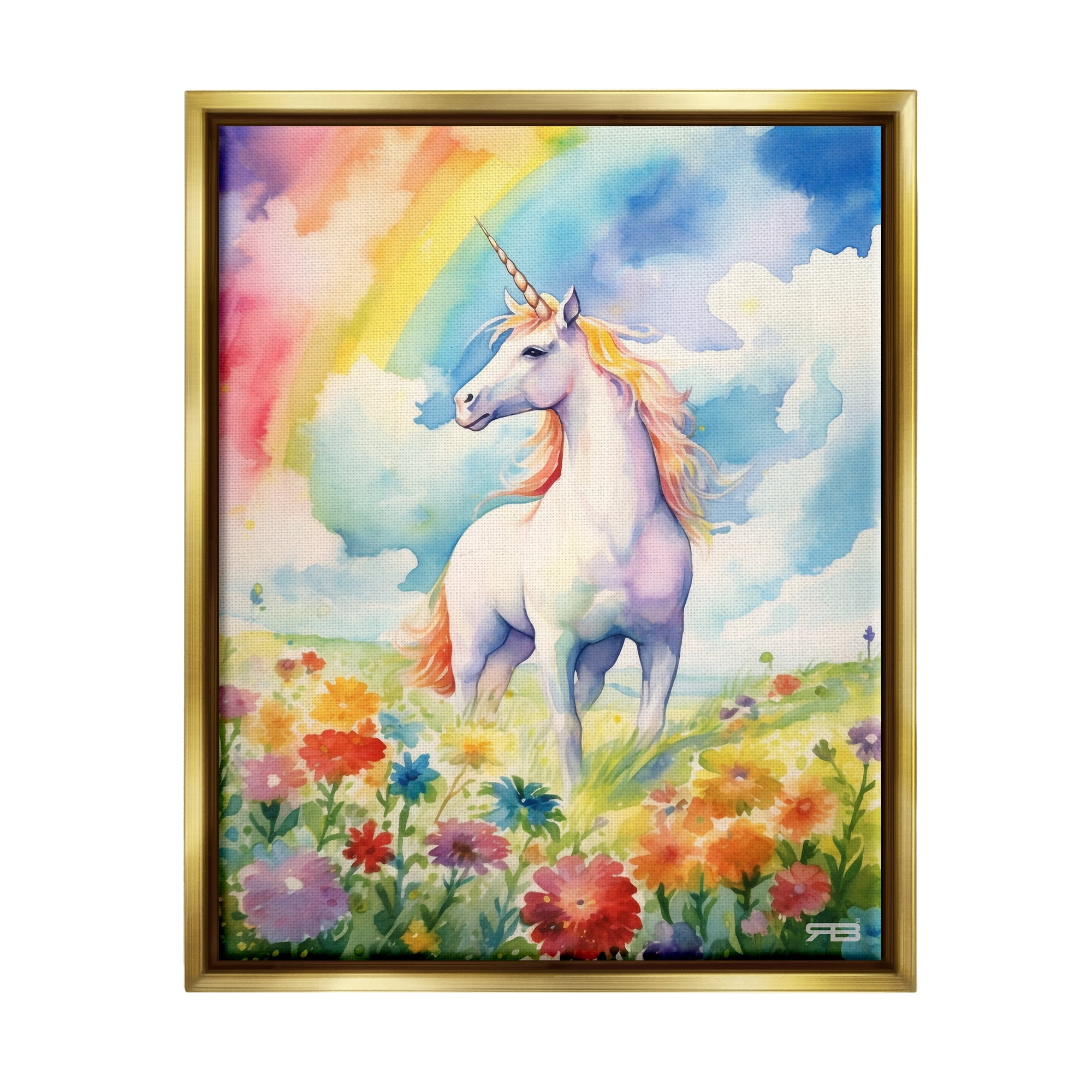 Stupell Industries Unicorn in Rainbow Meadow Fairy Tales & Fantasy Painting Gold Floater Framed Canvas Art Print Wall Art, 25 x 31