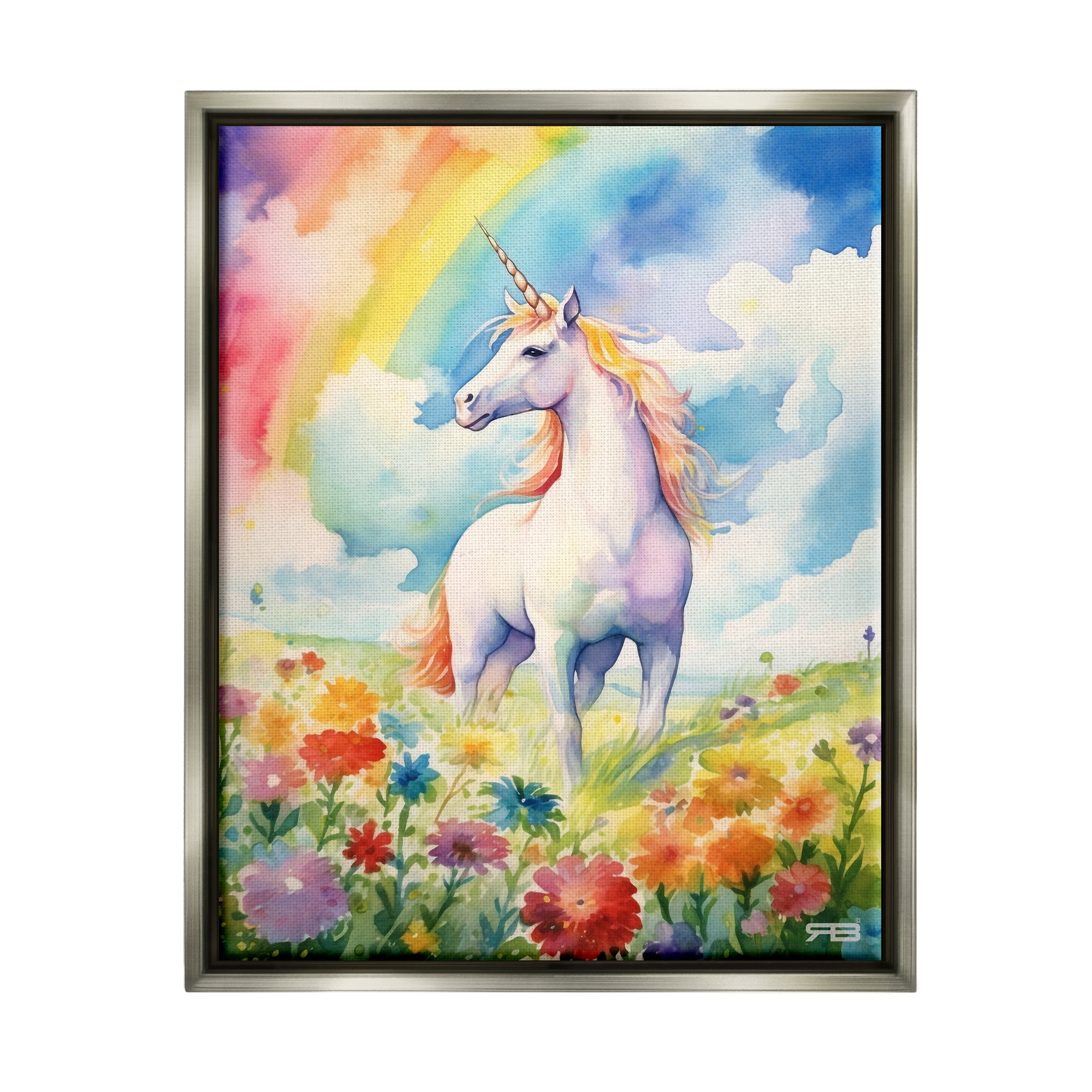 Stupell Industries Unicorn in Rainbow Meadow Fairy Tales & Fantasy Painting Gray Floater Framed Canvas Art Print Wall Art, 17 x 21
