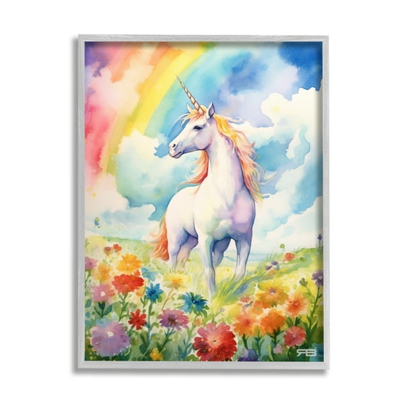 Stupell Industries Unicorn in Rainbow Meadow Fairy Tales & Fantasy Painting Gray Framed Art Print Wall Art, 11 x 14