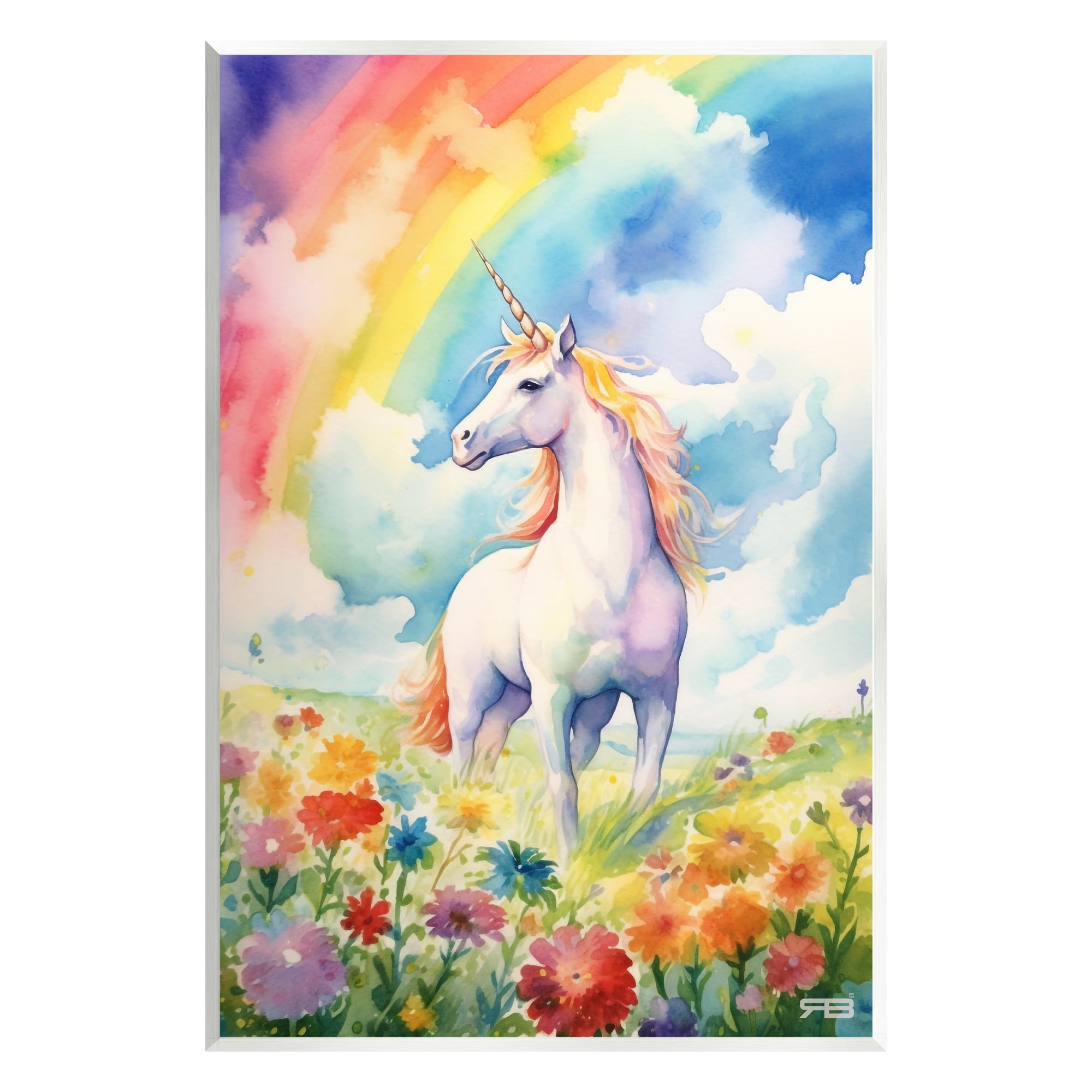 Stupell Industries Unicorn in Rainbow Meadow Fairy Tales & Fantasy Painting Unframed Art Print Wall Art, 13 x 19