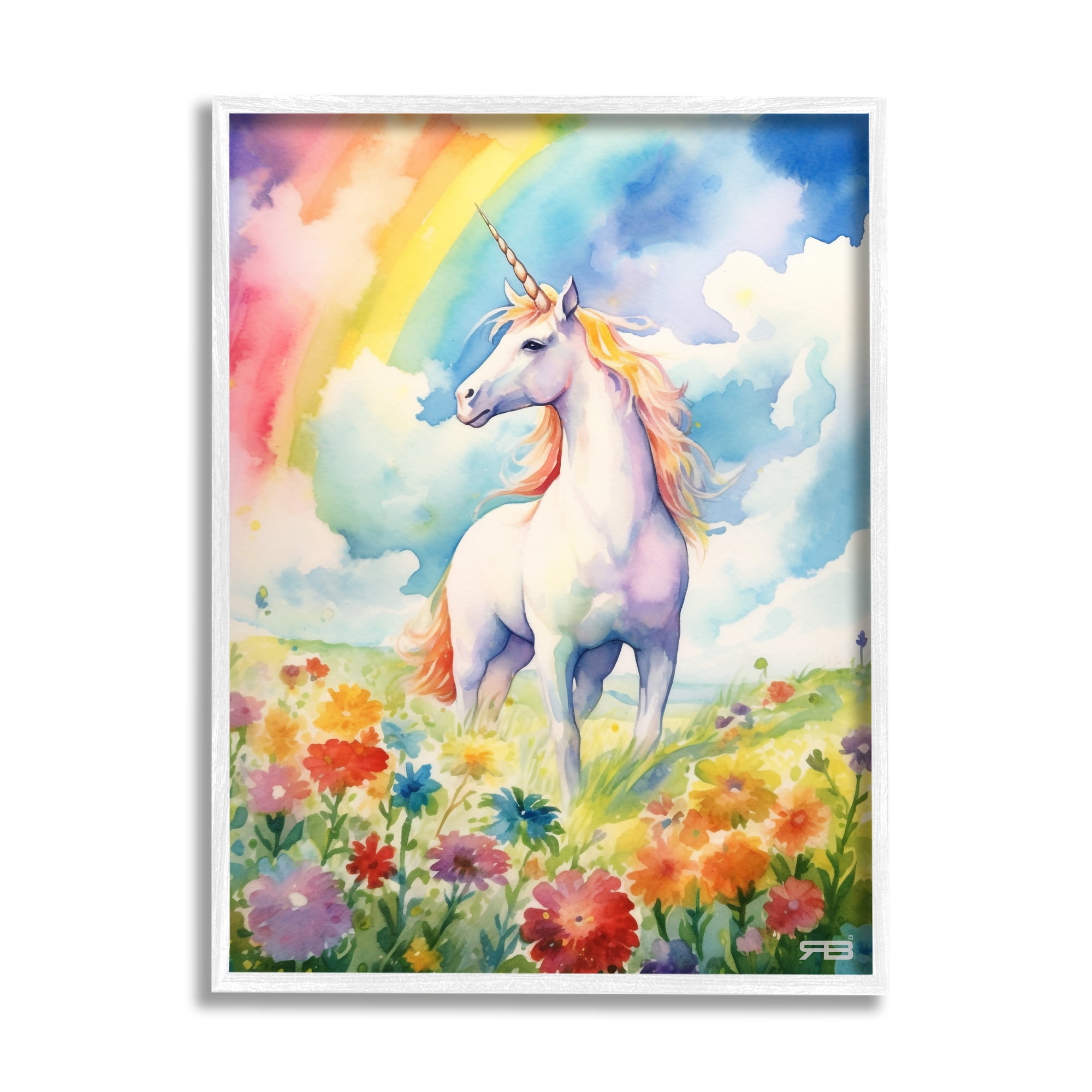 Stupell Industries Unicorn in Rainbow Meadow Fairy Tales & Fantasy Painting White Framed Art Print Wall Art, 11 x 14