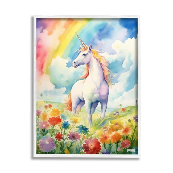 Stupell Industries Unicorn in Rainbow Meadow Fairy Tales & Fantasy Painting White Framed Art Print Wall Art, 16 x 20