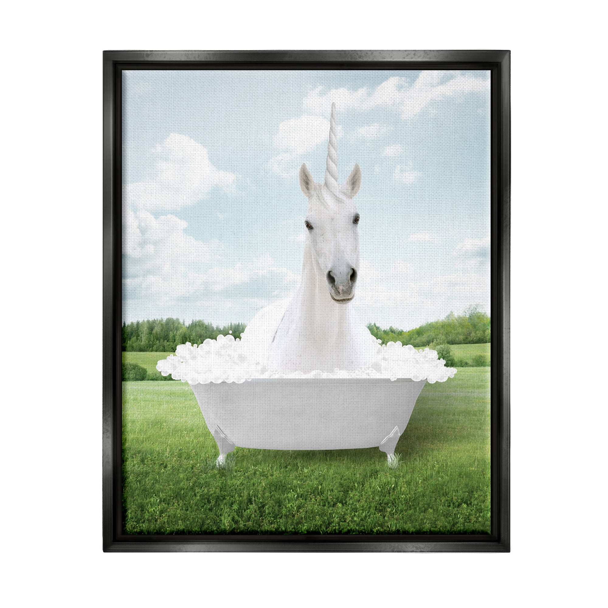 Stupell Industries Unicorn in Tub Landscape Nature Painting Black Floater Framed Art Print Wall Art, 17 x 21