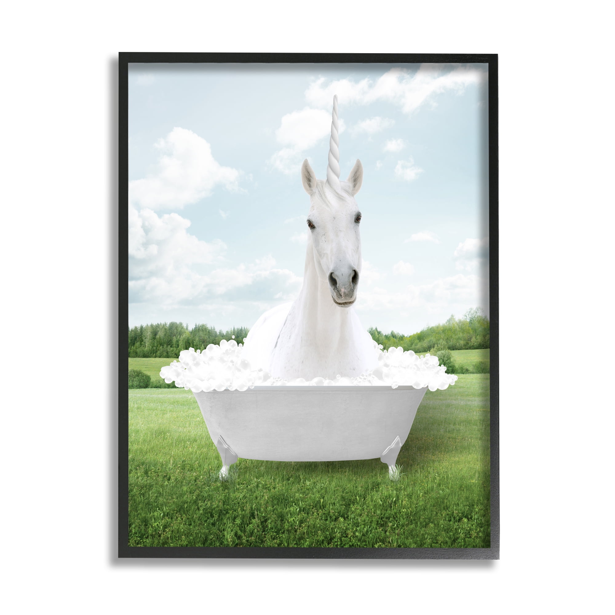 Stupell Industries Unicorn in Tub Landscape Nature Painting Black Framed Art Print Wall Art, 16 x 20