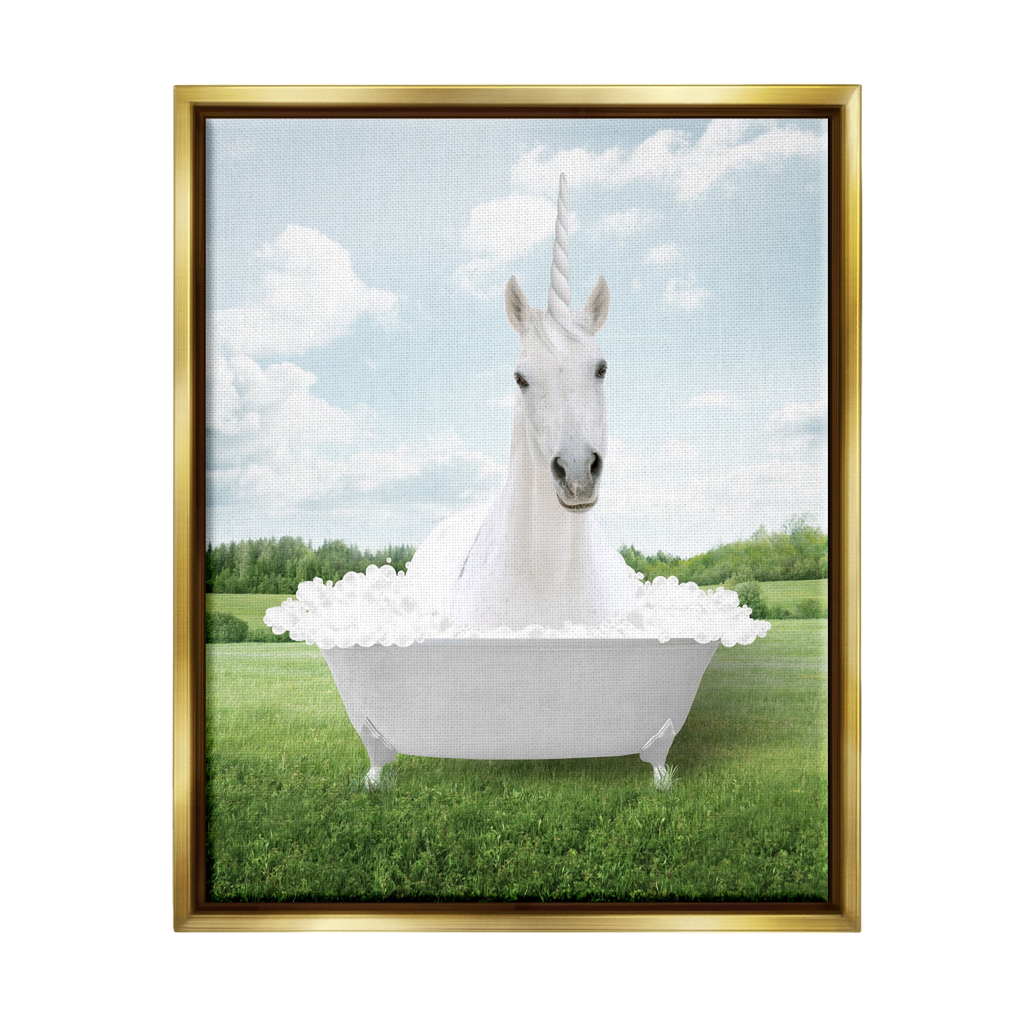 Stupell Industries Unicorn in Tub Landscape Nature Painting Gold Floater Framed Art Print Wall Art, 25 x 31