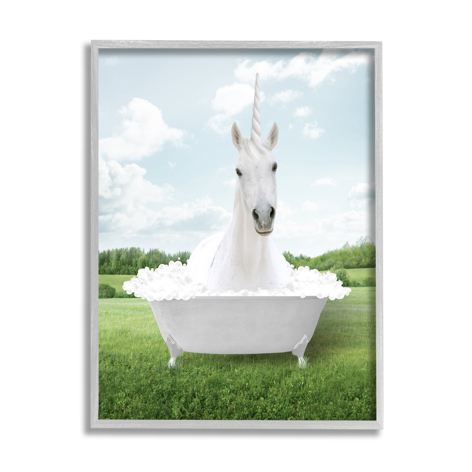 Stupell Industries Unicorn in Tub Landscape Nature Painting Gray Framed Art Print Wall Art, 16 x 20
