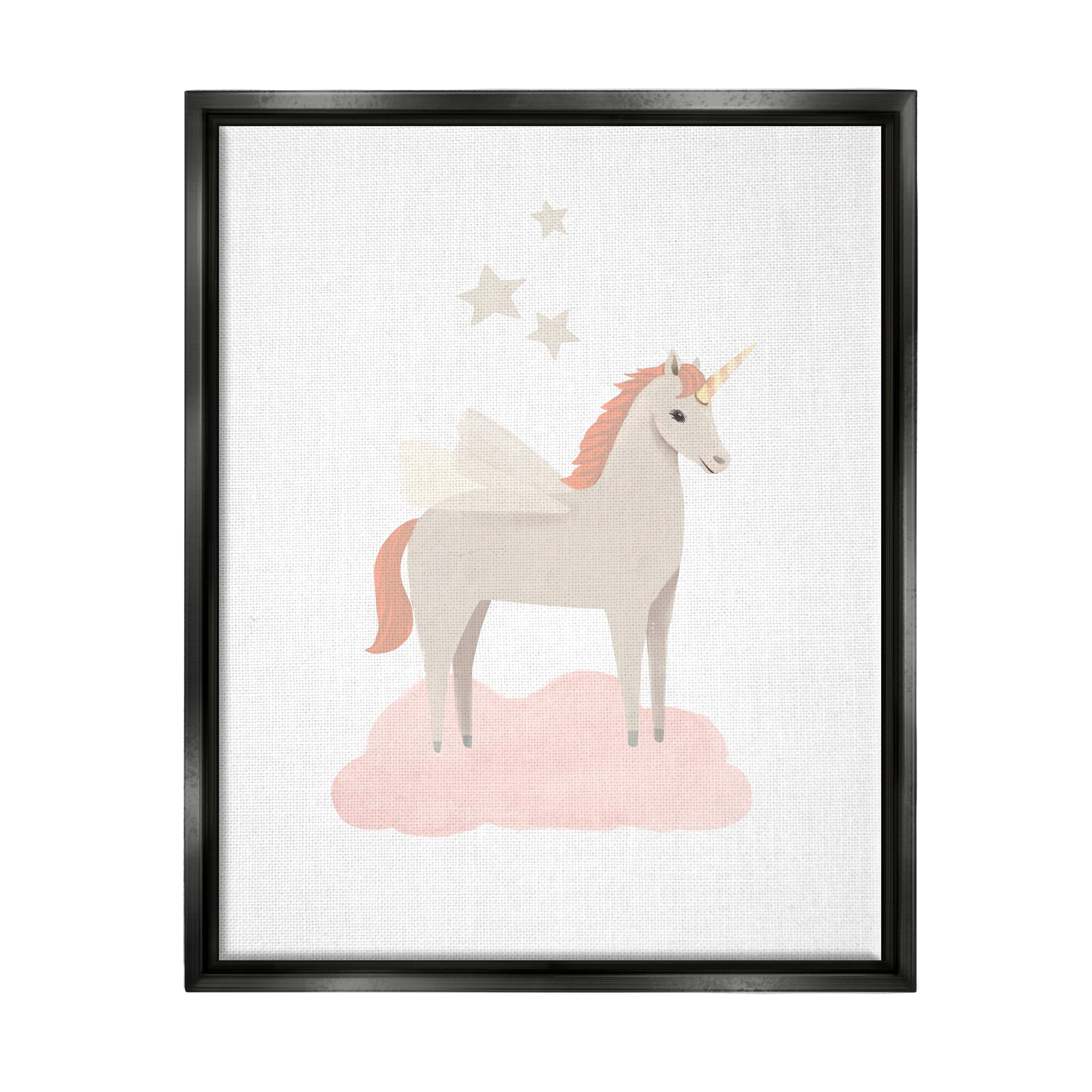 Stupell Industries Unicorn on Pink Cloud Fairy Tales & Fantasy Painting Black Floater Framed Art Print Wall Art, 17 x 21