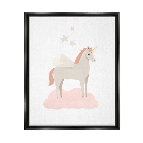 Stupell Industries Unicorn on Pink Cloud Fairy Tales & Fantasy Painting Black Floater Framed Art Print Wall Art, 17 x 21