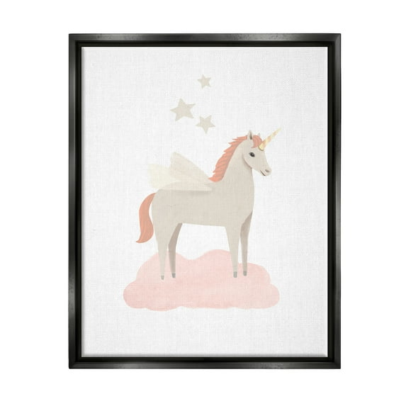 Stupell Industries Unicorn on Pink Cloud Fairy Tales & Fantasy Painting Black Floater Framed Art Print Wall Art, 17 x 21