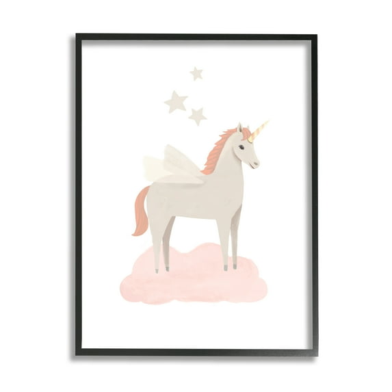 Stupell Industries Unicorn on Pink Cloud Fairy Tales & Fantasy Painting Black Framed Art Print Wall Art, 16 x 20