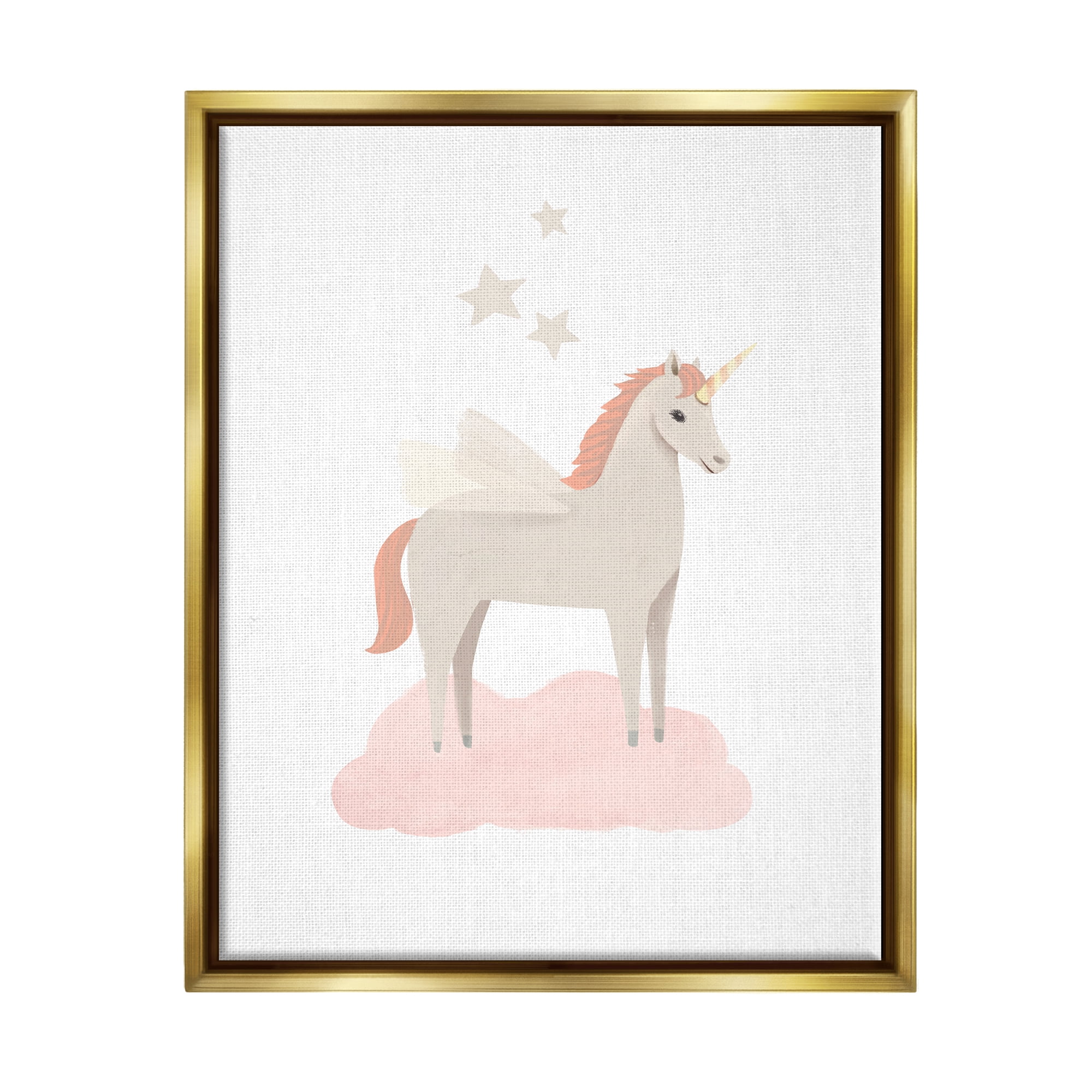Stupell Industries Unicorn on Pink Cloud Fairy Tales & Fantasy Painting Gold Floater Framed Art Print Wall Art, 25 x 31