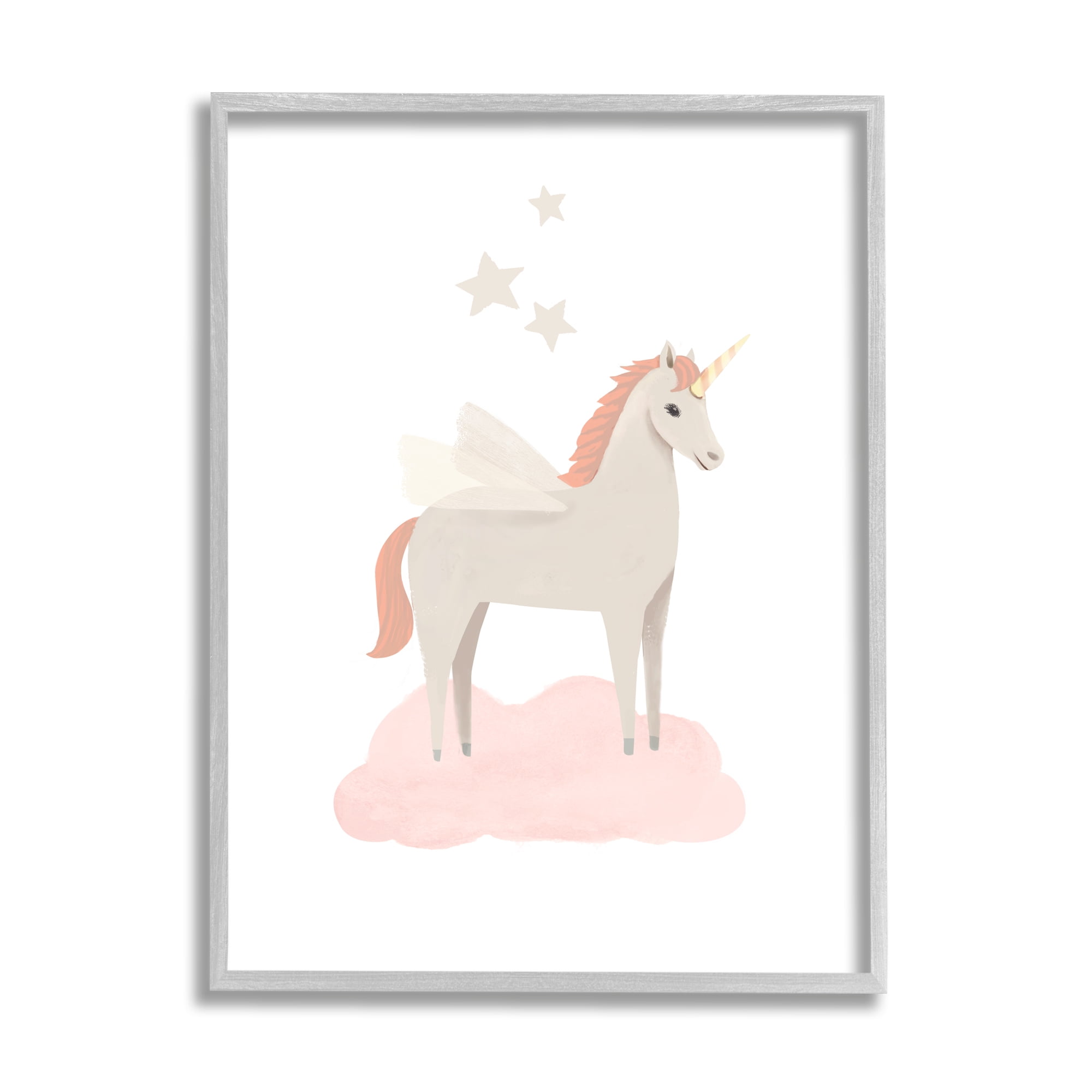 Stupell Industries Unicorn on Pink Cloud Fairy Tales & Fantasy Painting Gray Framed Art Print Wall Art, 11 x 14