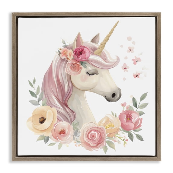 Stupell Industries Contemporary Unicorn with Floral Wreath Brown Floating Frame Canvas Art, 25 x 25, by Creative Studio