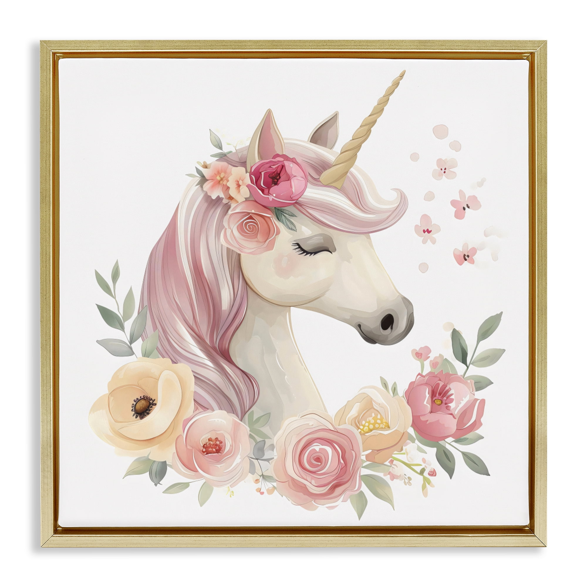 Stupell Industries Unicorn with Floral Wreath Gold Framed Floater Canvas Wall Art, design by Creative Studio