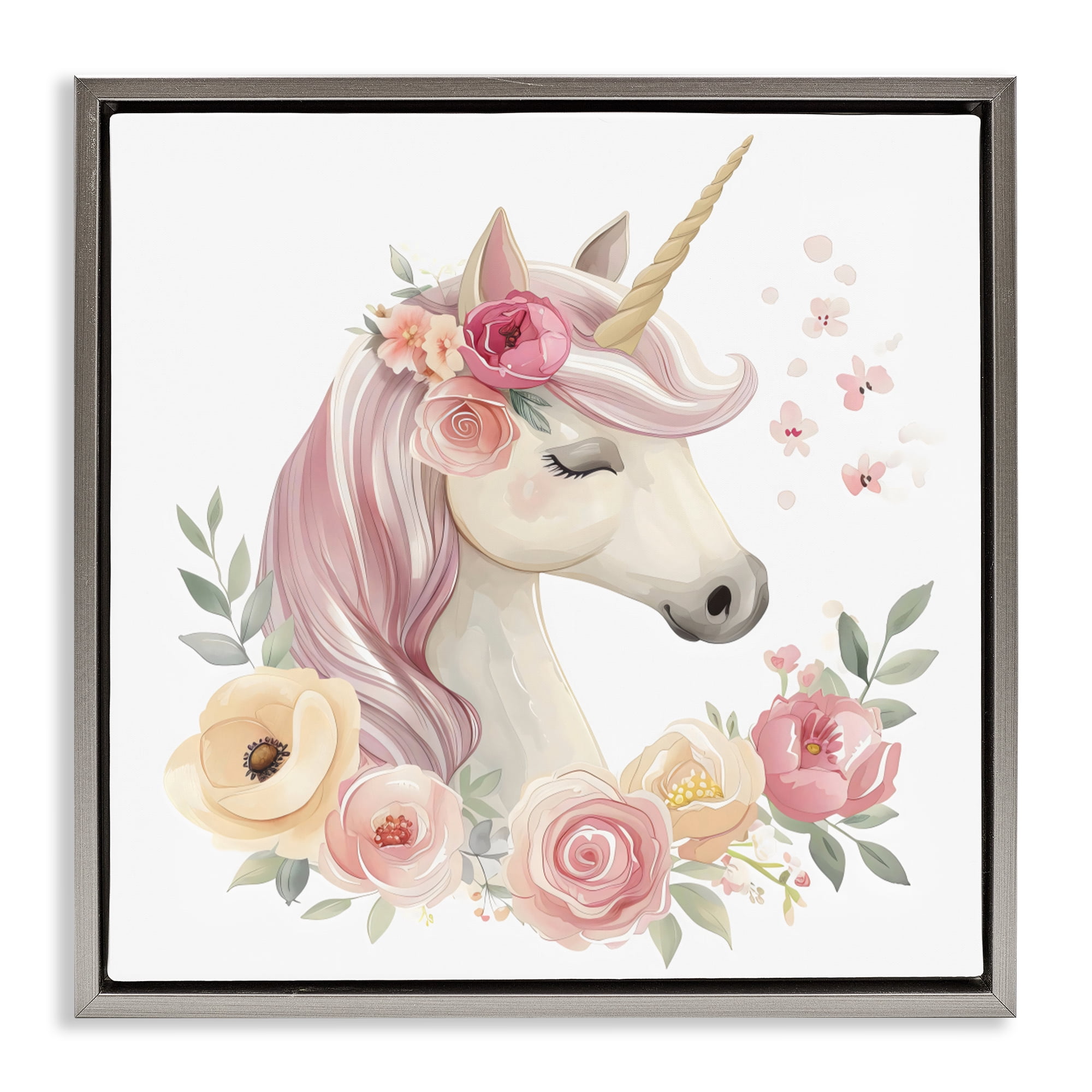 Stupell Industries Unicorn with Floral Wreath Gray Framed Floater Canvas Wall Art, design by Creative Studio
