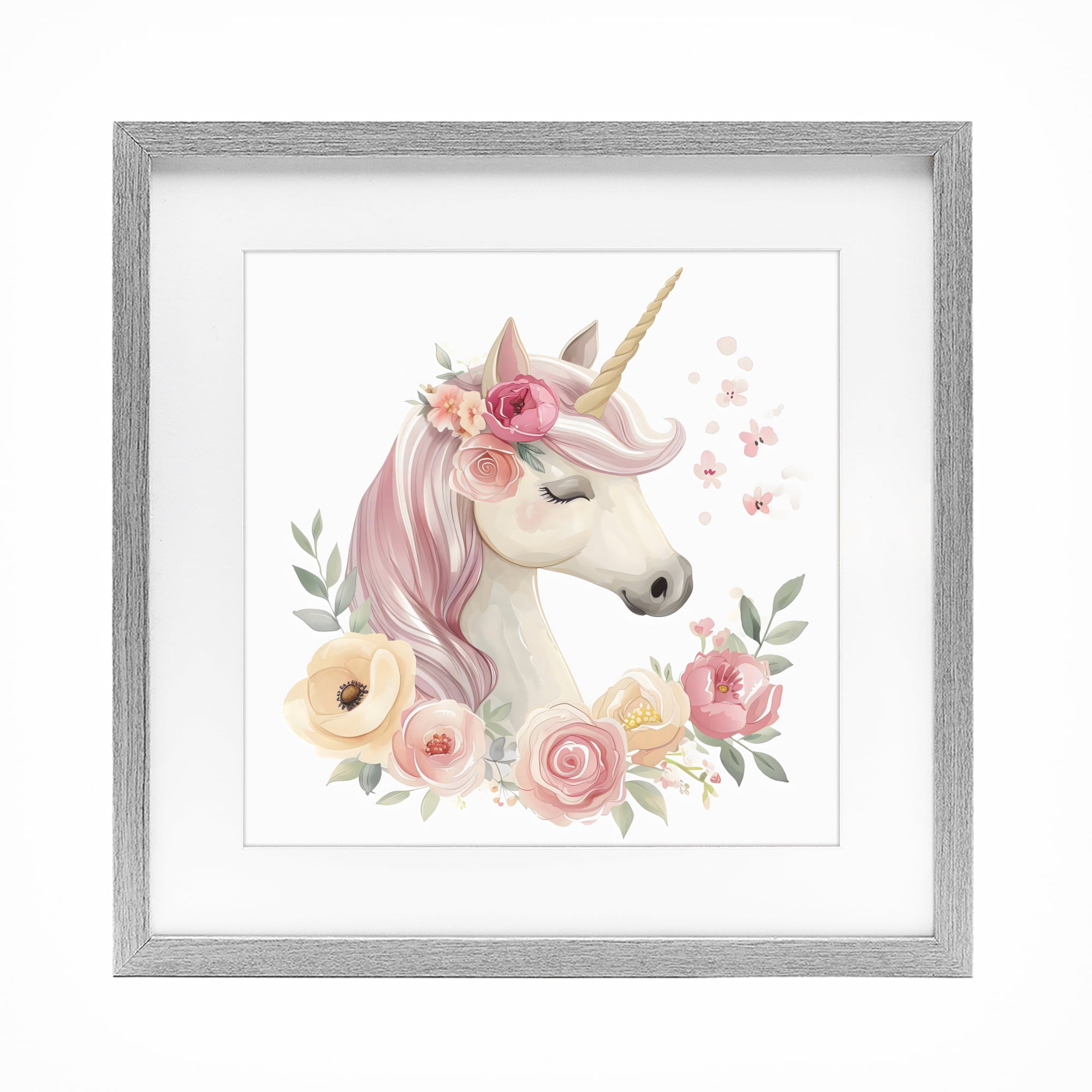 Stupell Industries Unicorn with Floral Wreath Gray Framed Print Under Glass, design by Creative Studio