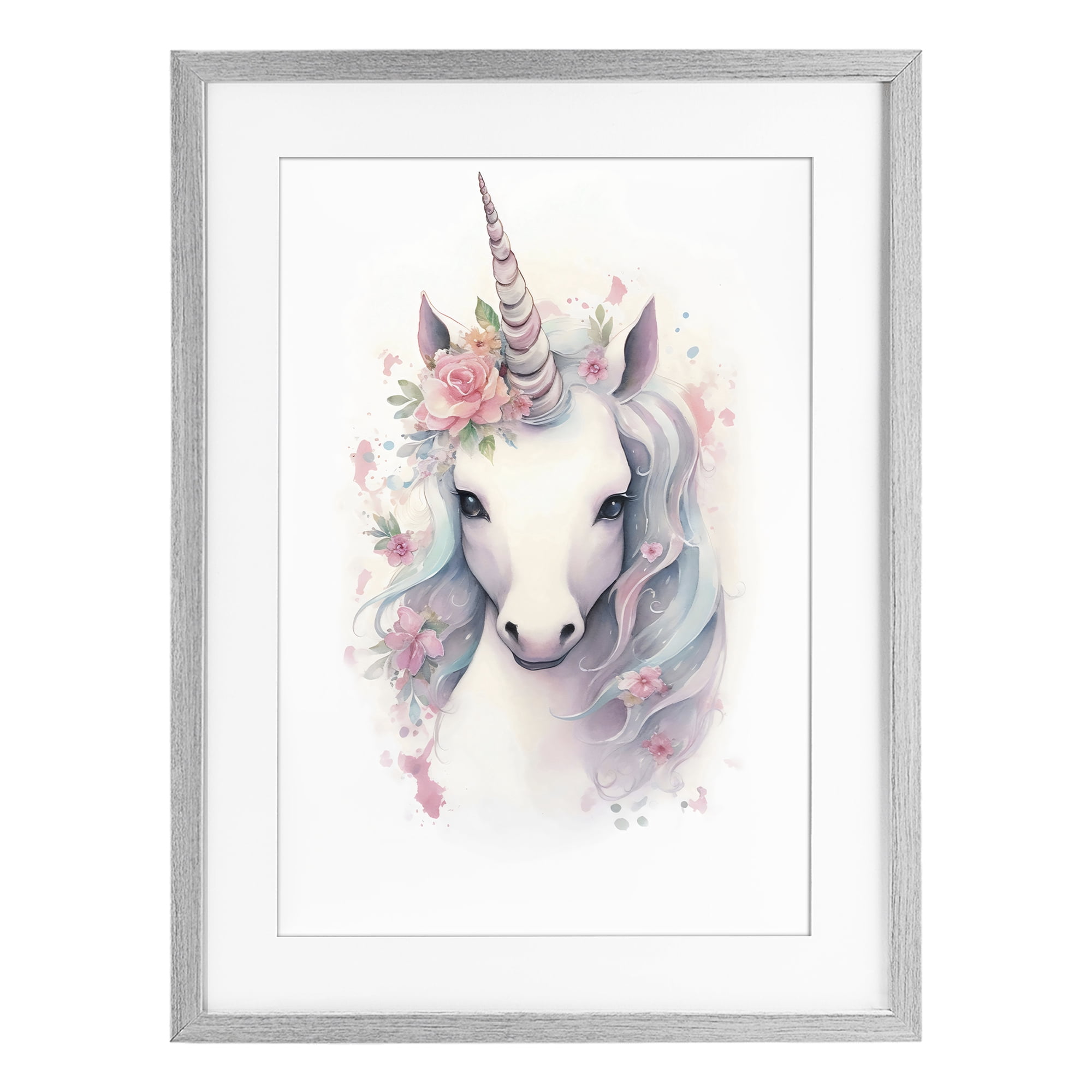 Stupell Industries Unicorn with Pink Flower Crown Gray Framed Print Under Glass, design by Creative Studio
