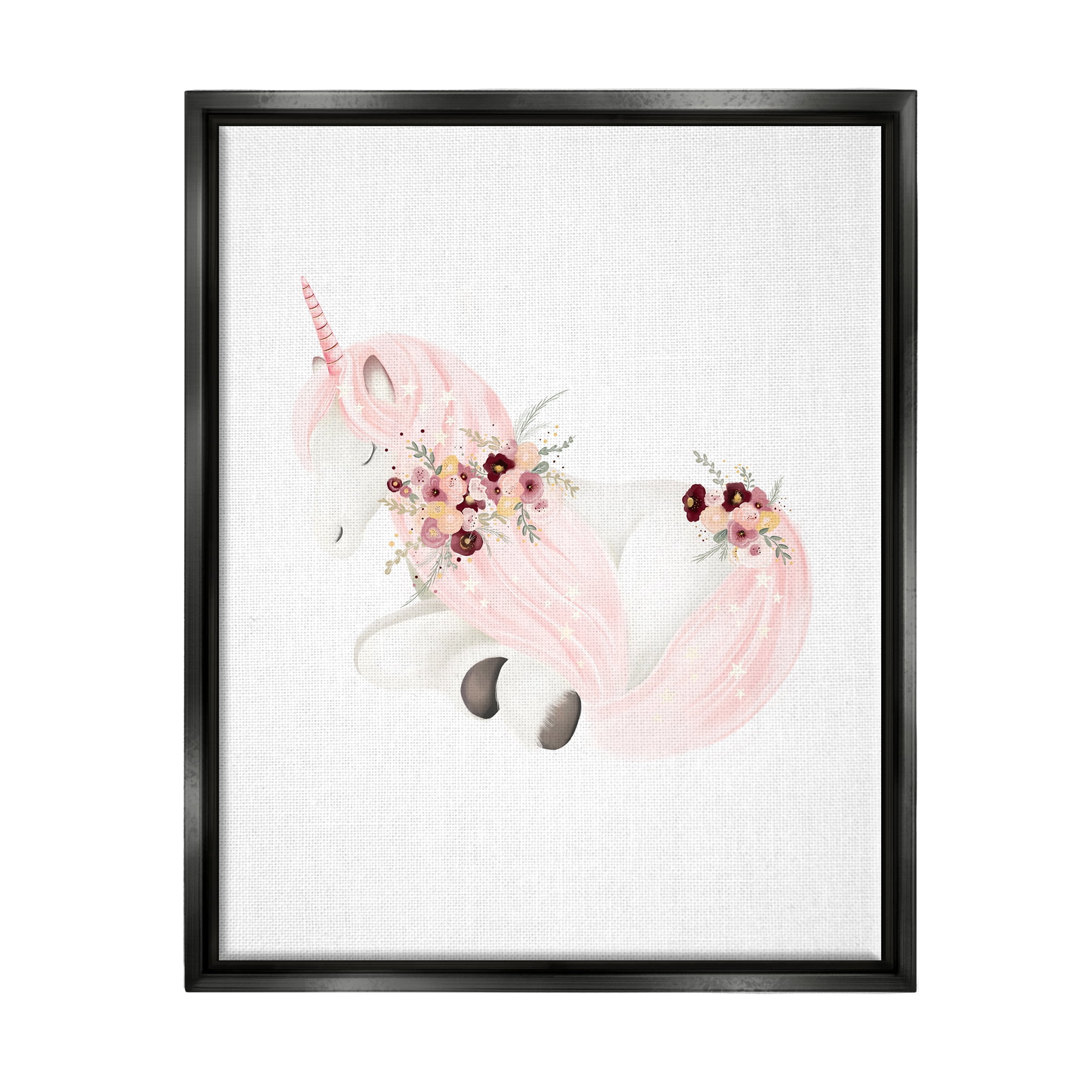 Stupell Industries Unicorn with Pink Flowers Fairy Tales & Fantasy Painting Black Floater Framed Canvas Art Print Wall Art, 25 x 31