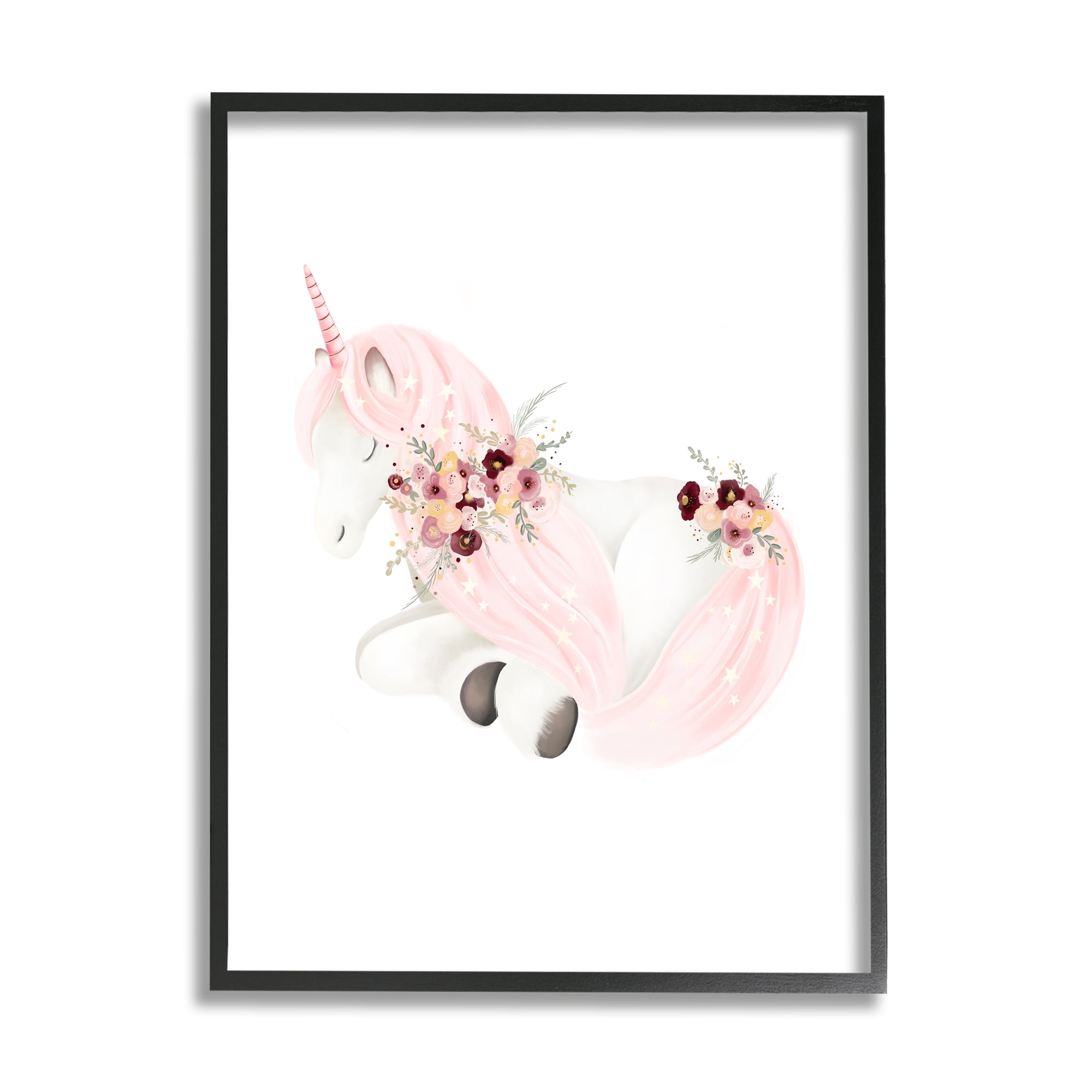 Stupell Industries Unicorn with Pink Flowers Fairy Tales & Fantasy Painting Black Framed Art Print Wall Art, 11 x 14