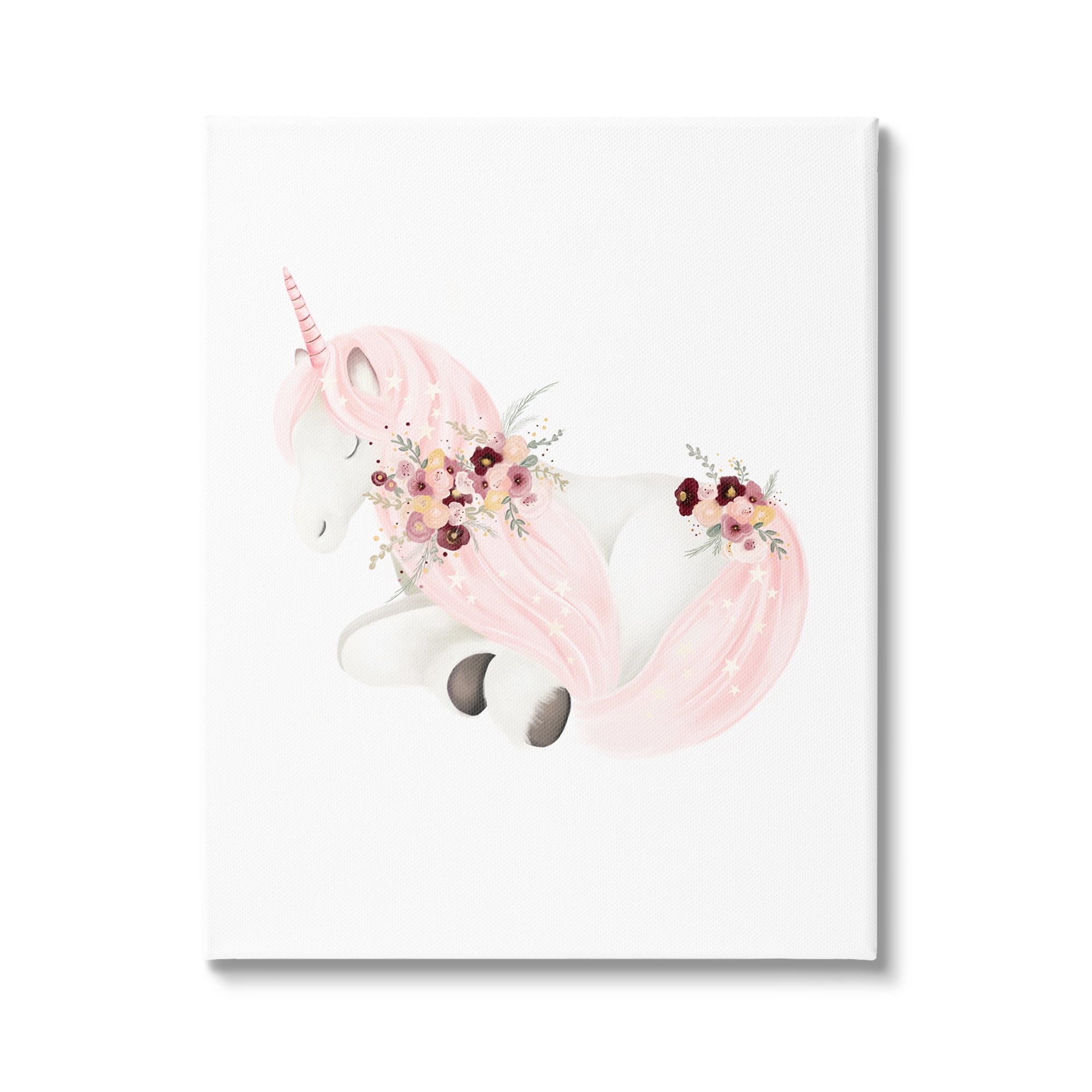 Stupell Industries Unicorn with Pink Flowers Fairy Tales & Fantasy Painting Gallery Wrapped Canvas Art Print Wall Art, 16 x 20