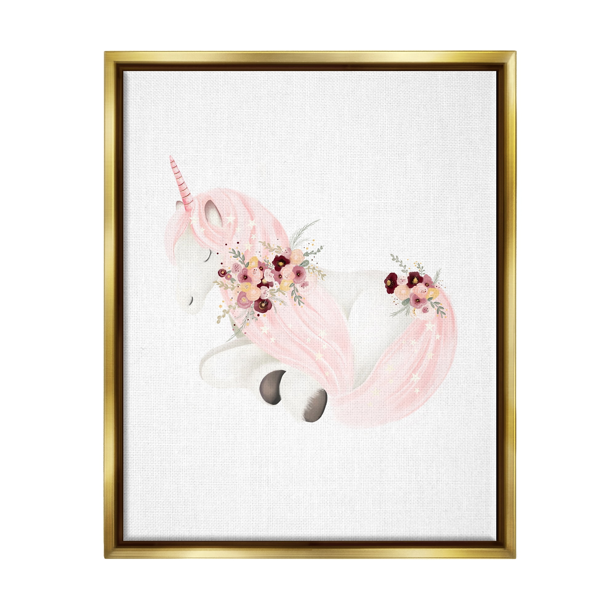Stupell Industries Unicorn with Pink Flowers Fairy Tales & Fantasy Painting Gold Floater Framed Canvas Art Print Wall Art, 17 x 21