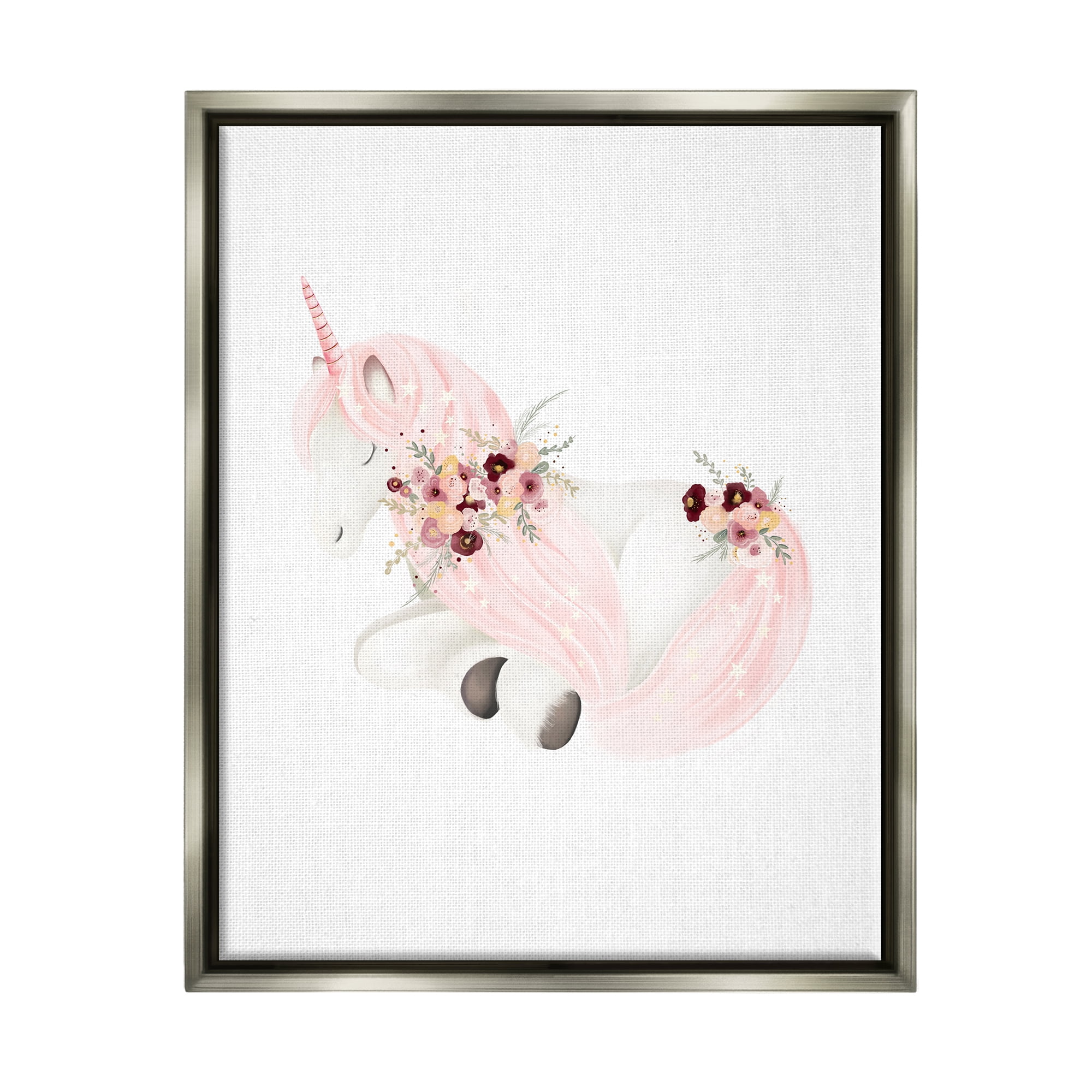 Stupell Industries Unicorn with Pink Flowers Fairy Tales & Fantasy Painting Gray Floater Framed Canvas Art Print Wall Art, 25 x 31