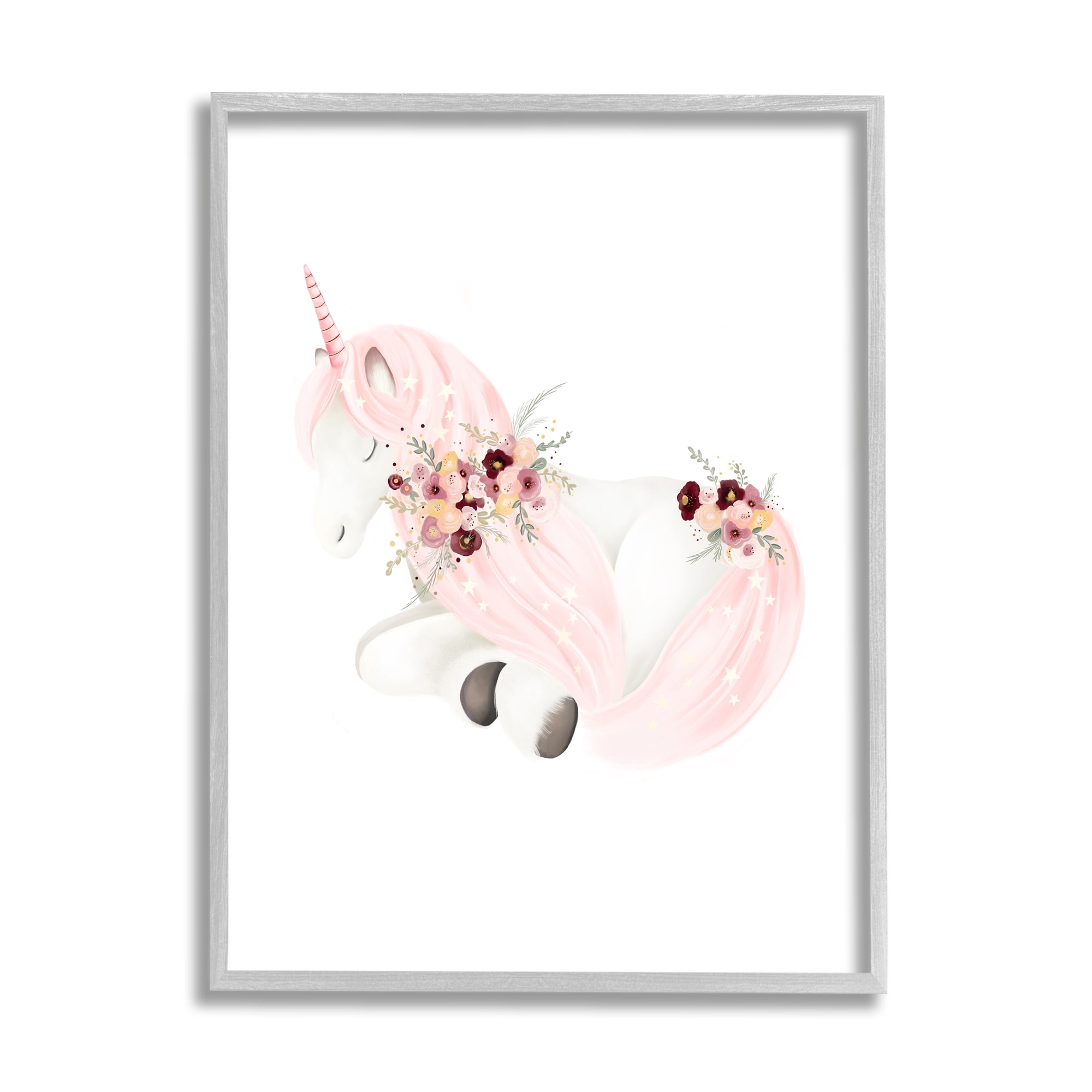 Stupell Industries Unicorn with Pink Flowers Fairy Tales & Fantasy Painting Gray Framed Art Print Wall Art, 16 x 20