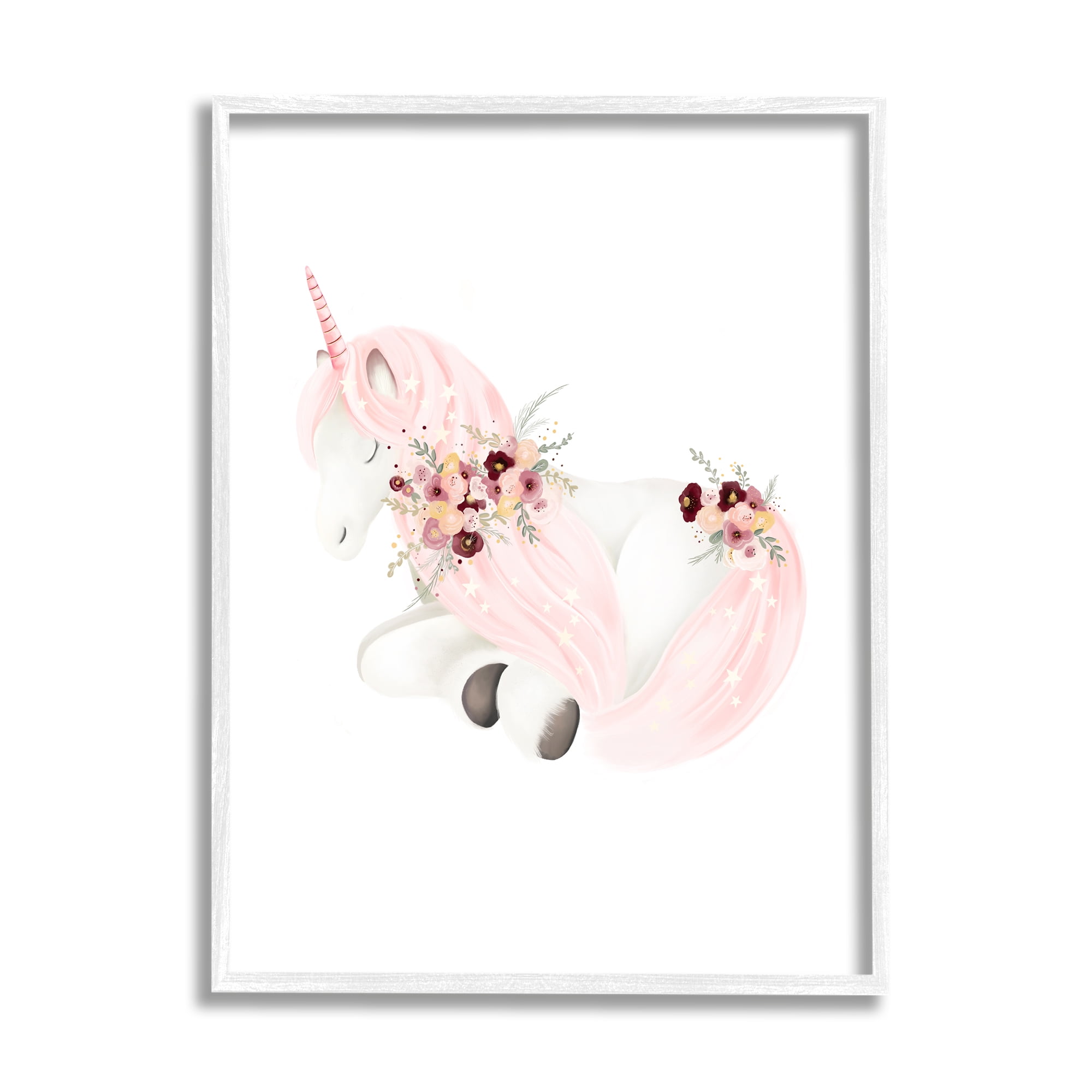 Stupell Industries Unicorn with Pink Flowers Fairy Tales & Fantasy Painting White Framed Art Print Wall Art, 11 x 14