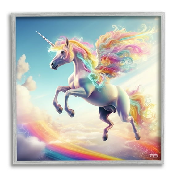Stupell Industries Unicorn with Rainbow Mane Fairy Tales & Fantasy Painting Gray Framed Art Print Wall Art, 12 x 12