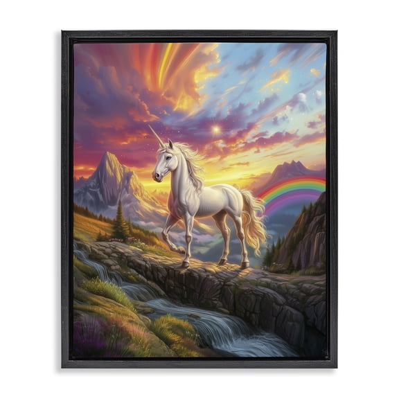 Stupell Industries Unicorn with Sunset Rainbow Black Framed Floater Canvas Wall Art design by Jim Baldwin, 21 x 17