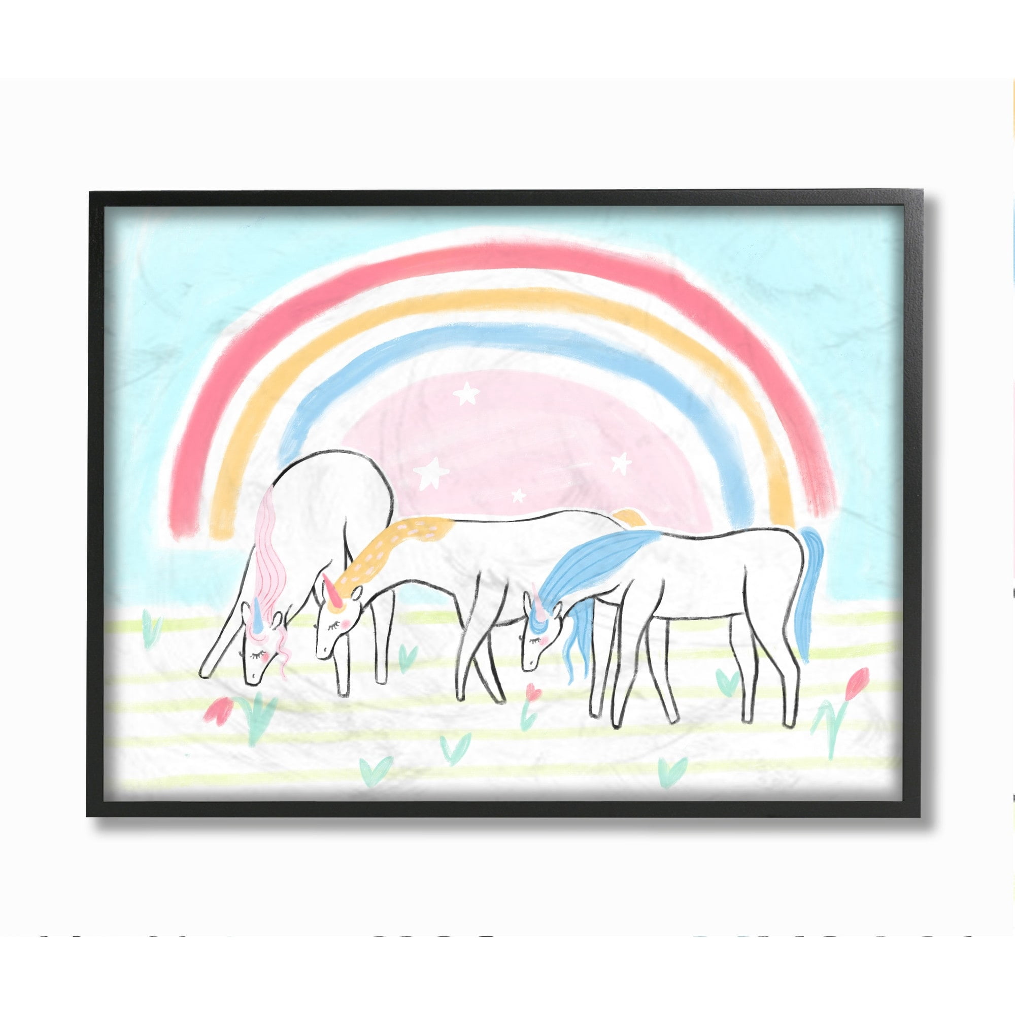 Stupell Industries Unicorns Grazing Rainbow Floral Field Kid's Illustration Framed Wall Art Design by Daphne Polselli, 11" x 14", Black Framed
