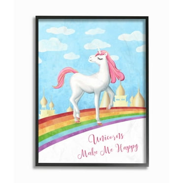 Stupell Industries Unicorns Make Me Happy Rainbow Design Graphic Art Black Framed Art Print Wall Art, 16x20, by Ziwei Li