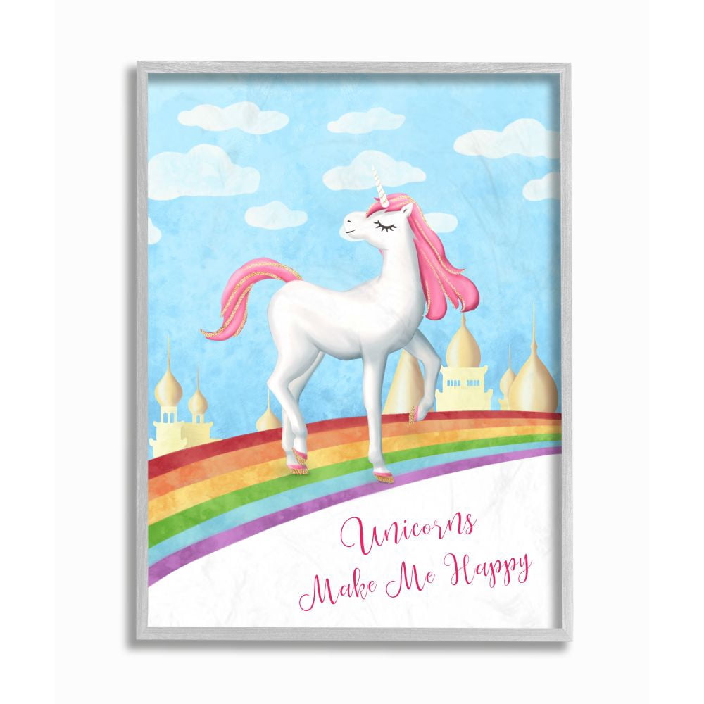 Stupell Industries Unicorns Make Me Happy Rainbow Design Graphic Art Gray Framed Art Print Wall Art, 16x20, by Ziwei Li