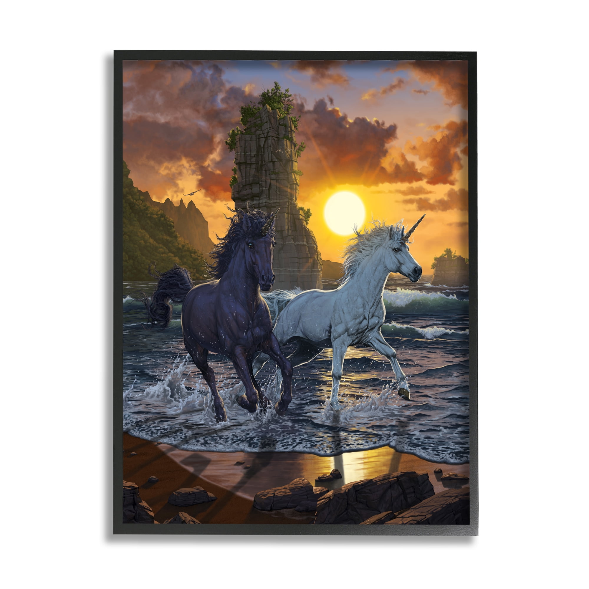 Stupell Industries Unicorns in Sunset Fairy Tales & Fantasy Painting Black Framed Art Print Wall Art, 11 x 14