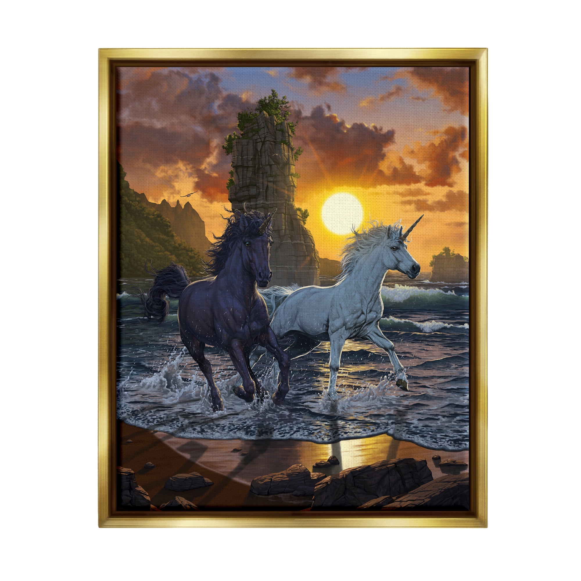 Stupell Industries Unicorns in Sunset Fairy Tales & Fantasy Painting Gold Floater Framed Canvas Art Print Wall Art, 25 x 31