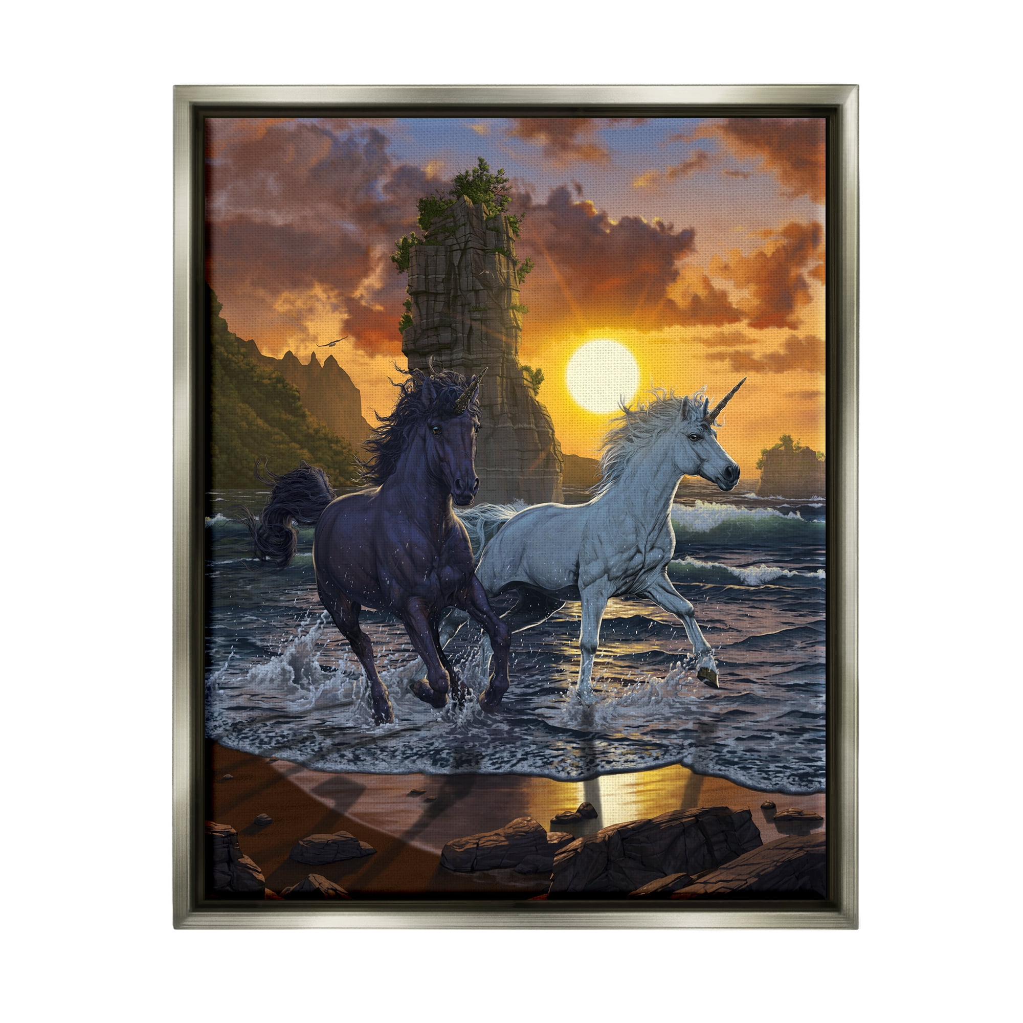 Stupell Industries Unicorns in Sunset Fairy Tales & Fantasy Painting Gray Floater Framed Canvas Art Print Wall Art, 17 x 21