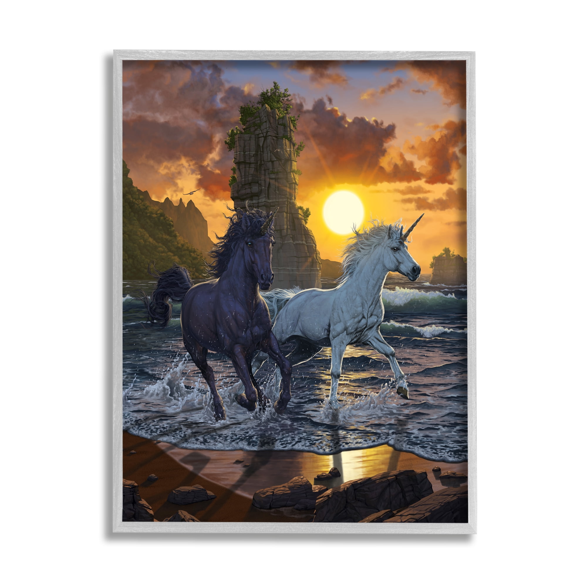 Stupell Industries Unicorns in Sunset Fairy Tales & Fantasy Painting Gray Framed Art Print Wall Art, 16 x 20