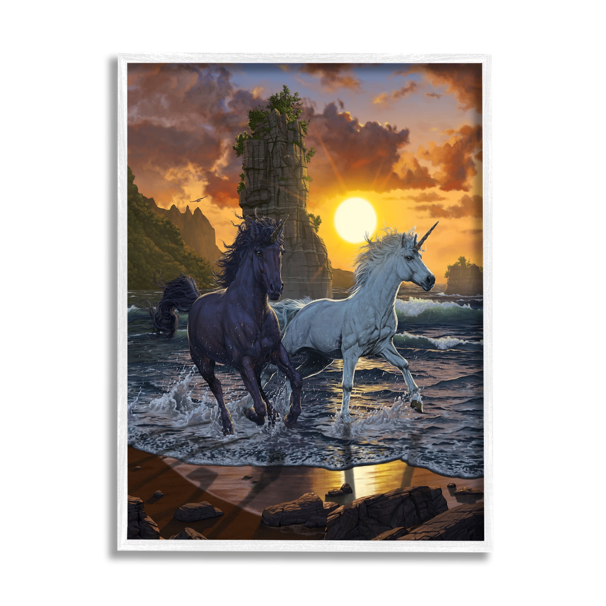 Stupell Industries Unicorns in Sunset Fairy Tales & Fantasy Painting White Framed Art Print Wall Art, 16 x 20