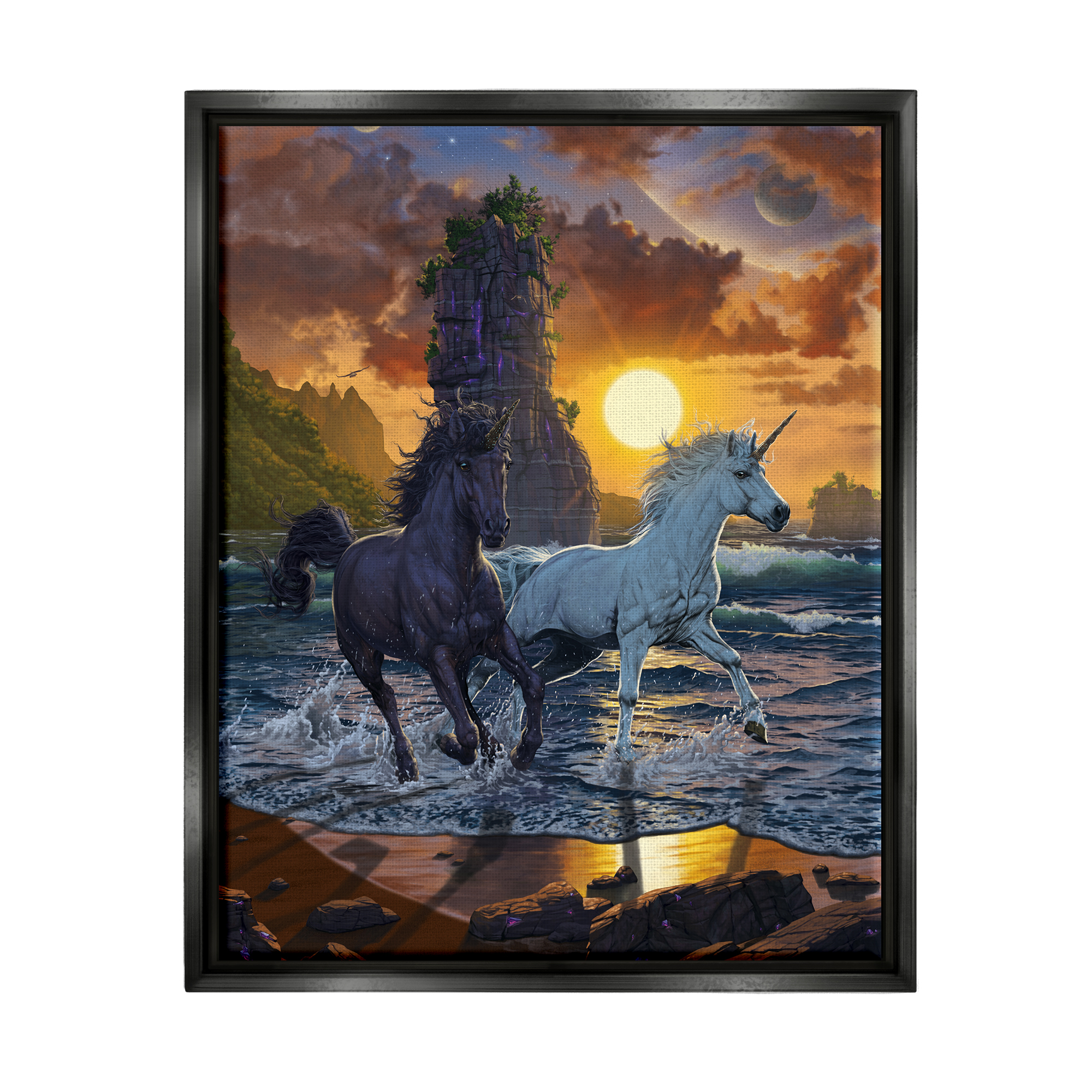 Stupell Industries Unicorns on Beach Fairy Tales & Fantasy Painting Black Floater Framed Canvas Art Print Wall Art, 17 x 21