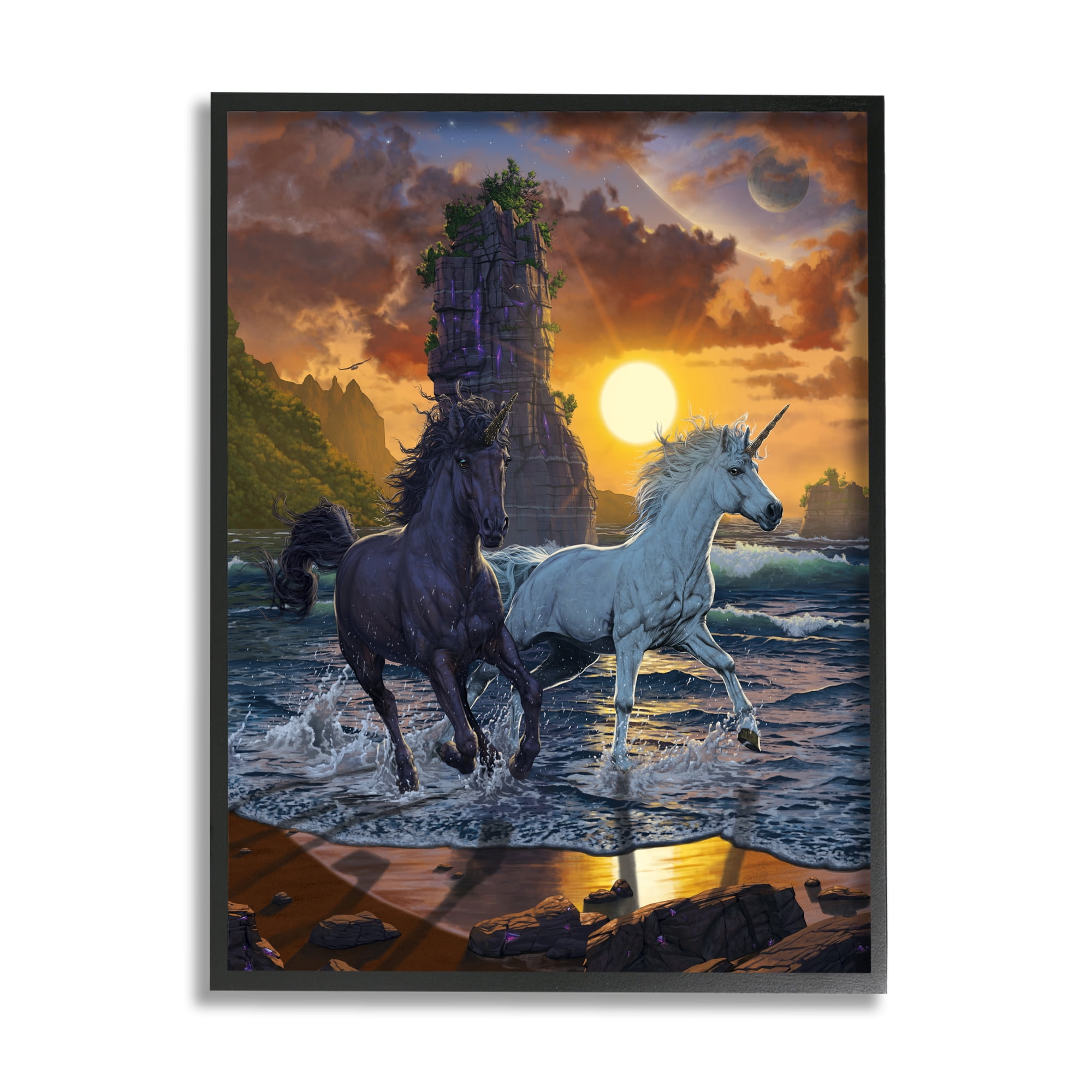 Stupell Industries Unicorns on Beach Fairy Tales & Fantasy Painting Black Framed Art Print Wall Art, 11 x 14