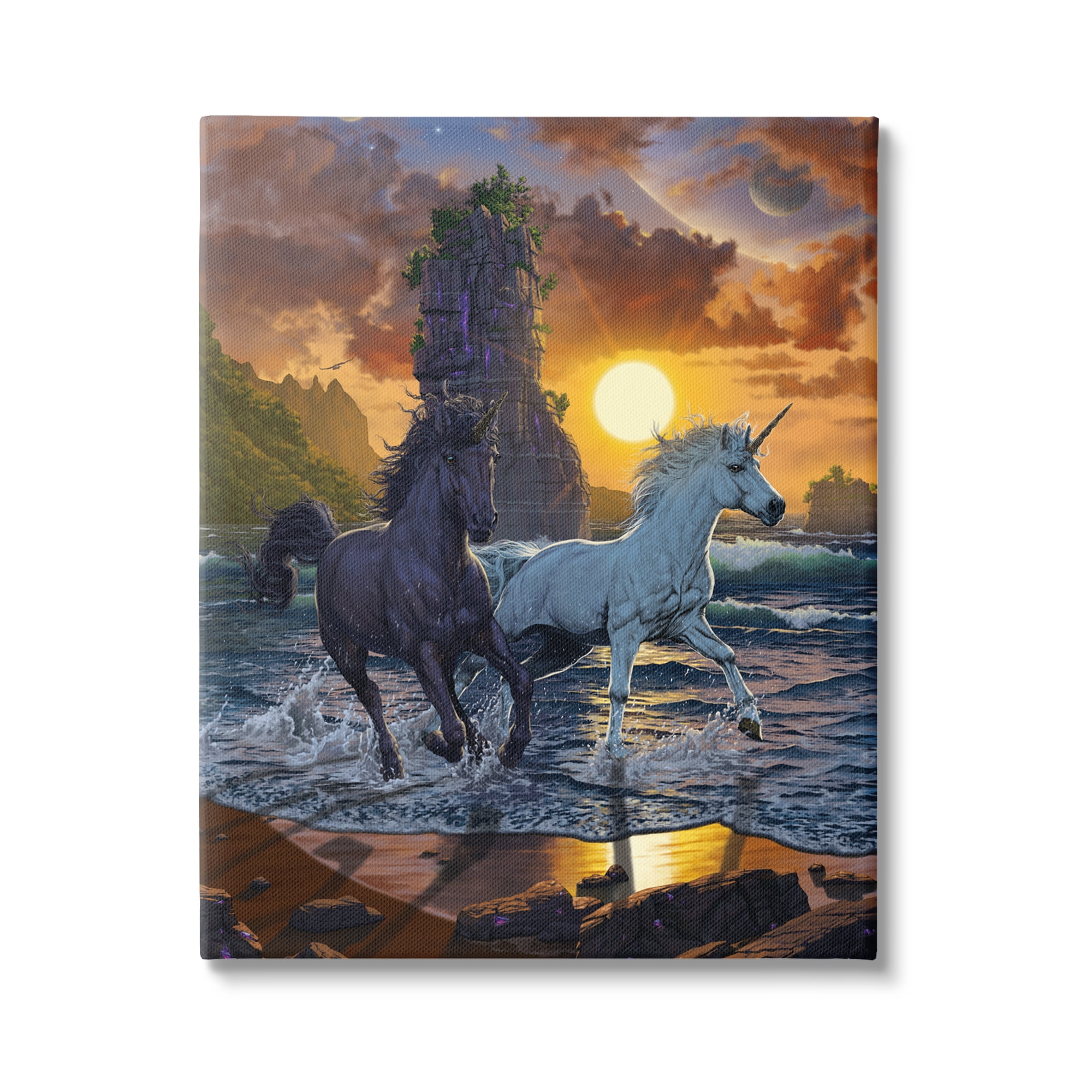 Stupell Industries Unicorns on Beach Fairy Tales & Fantasy Painting Gallery Wrapped Canvas Art Print Wall Art, 16 x 20