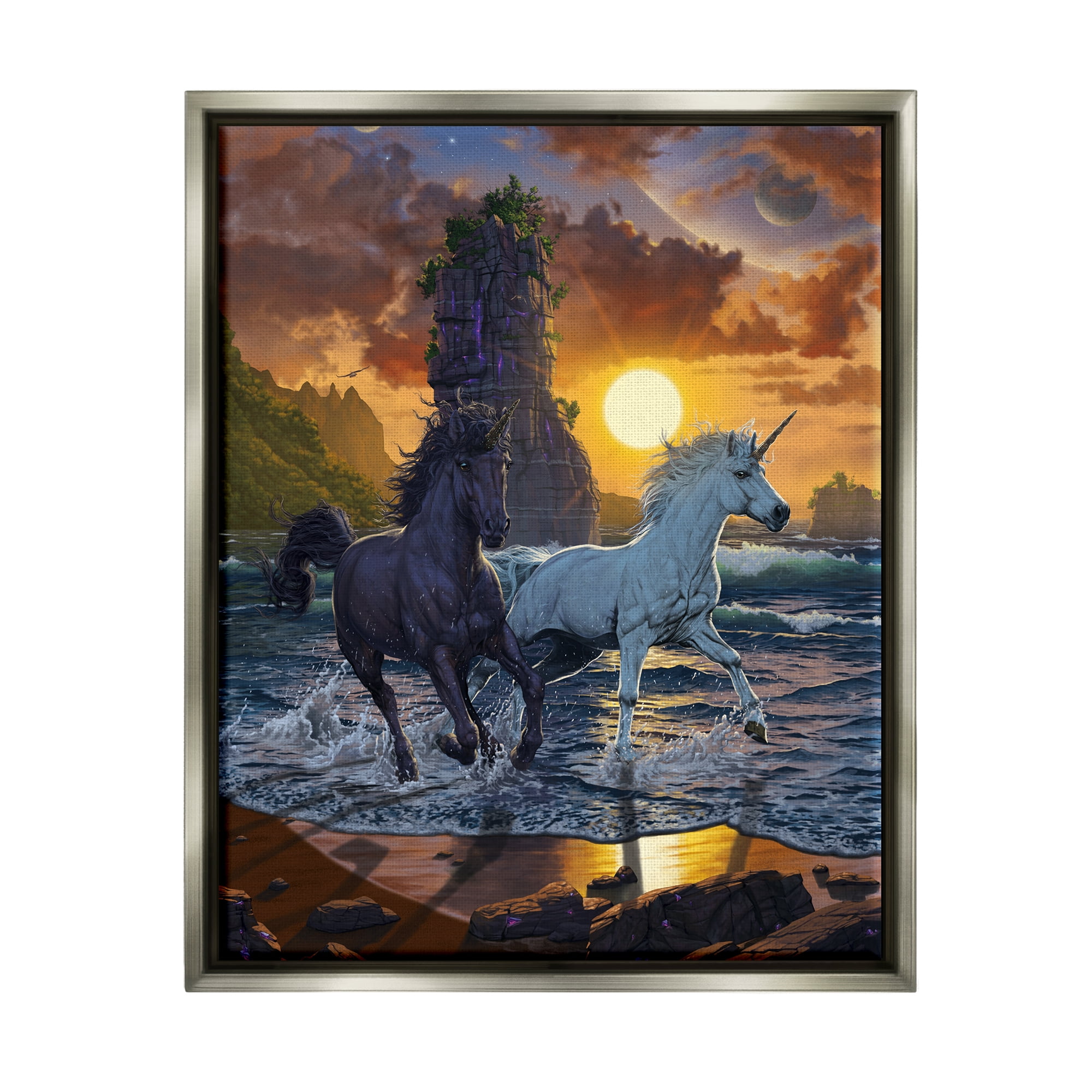 Stupell Industries Unicorns on Beach Fairy Tales & Fantasy Painting Gray Floater Framed Canvas Art Print Wall Art, 25 x 31
